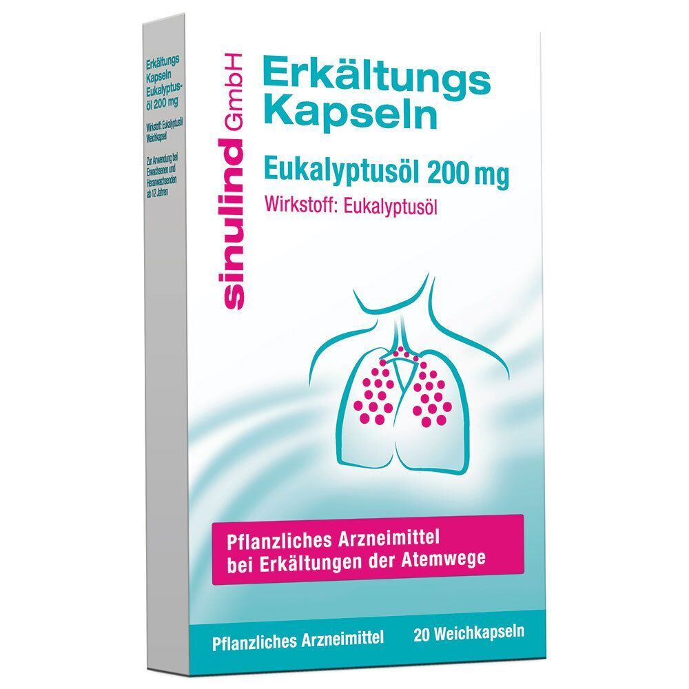 Packung sinulind® Erkältungs Kapseln. Aufdruck: Eukalyptusöl 200 mg, pflanzliches Arzneimittel. 20 Weichkapseln. Abbildung: Lunge.