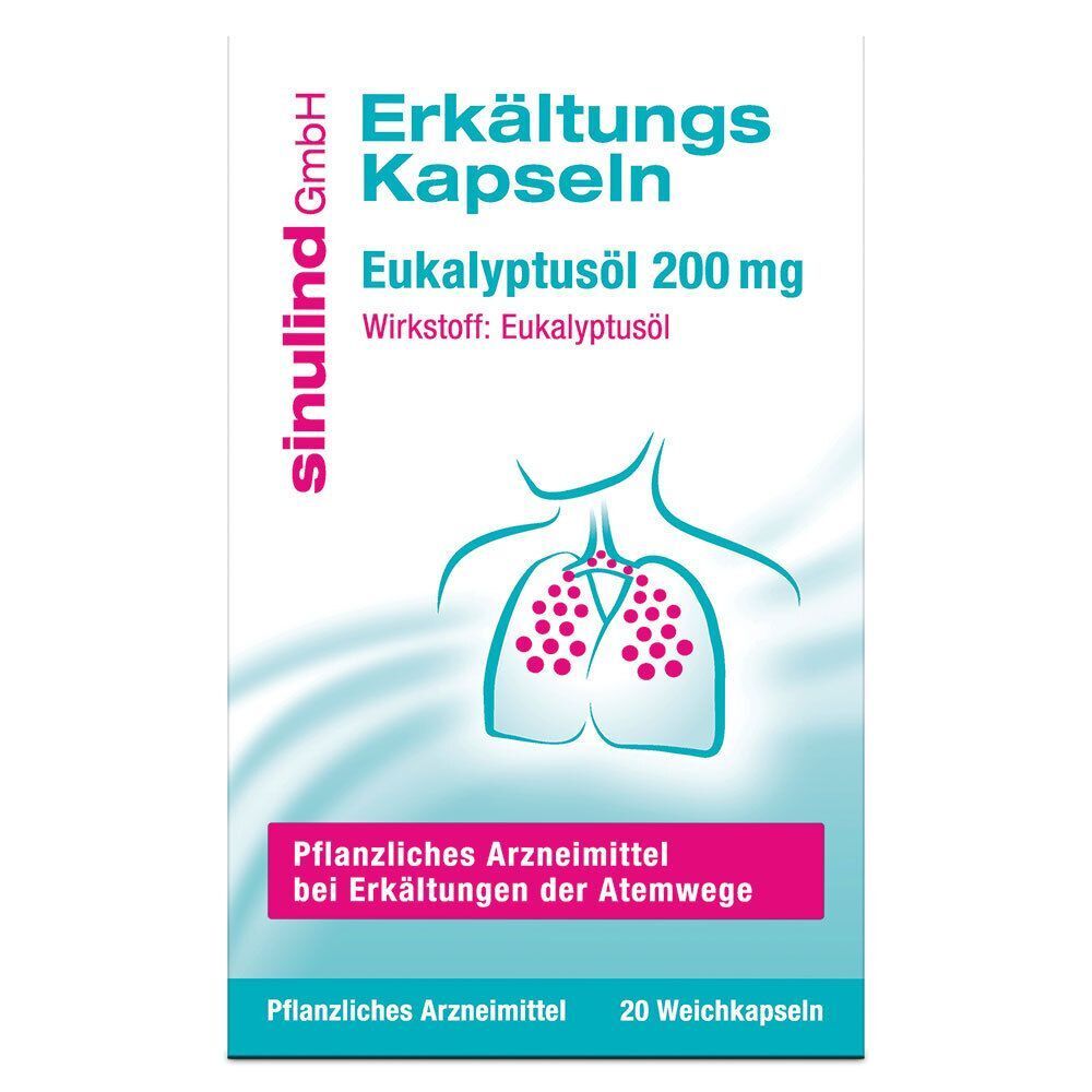 Packung sinulind® Erkältungs Kapseln. Aufdruck: Eukalyptusöl 200 mg, pflanzliches Arzneimittel. 20 Weichkapseln. Abbildung: Lunge.