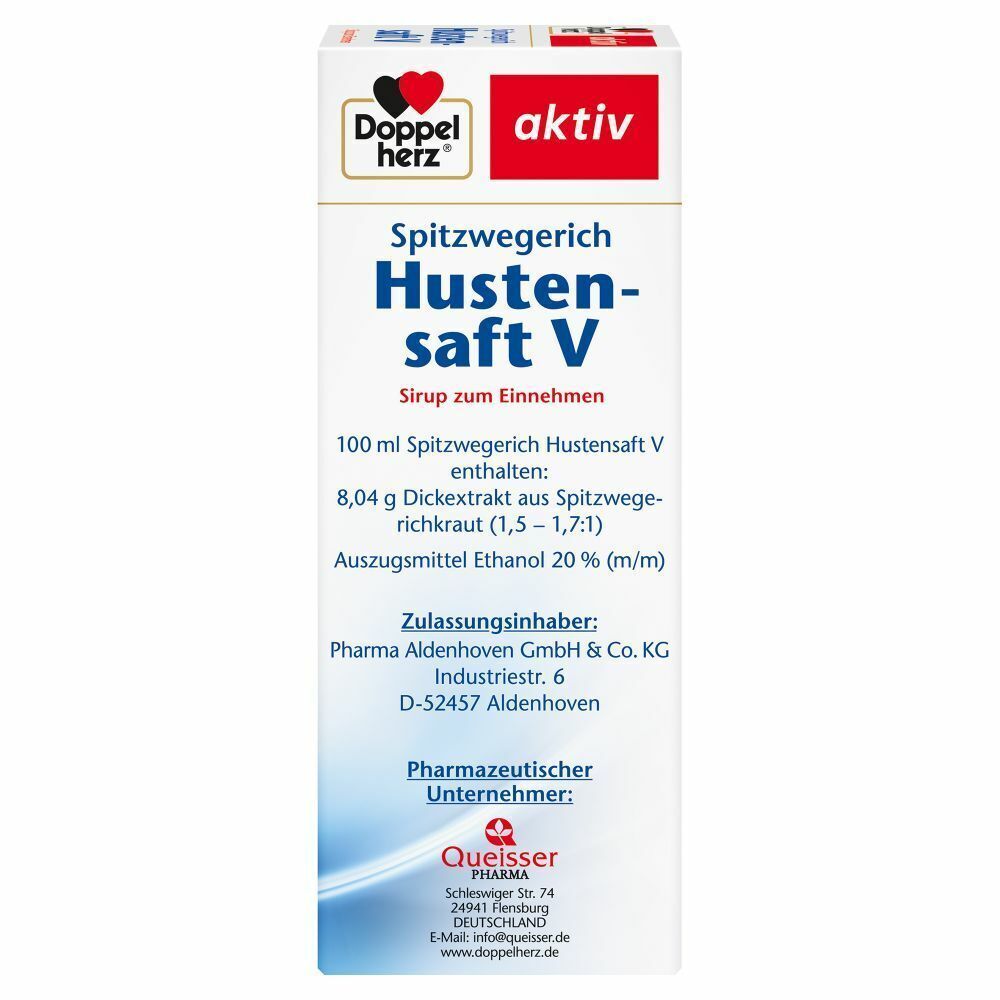 Vorderseite der Hustensaft V-Verpackung. Text: Doppelherz aktiv, Spitzwegerich Hustensaft V, 100 ml Sirup. Hersteller: Queisser Pharma.