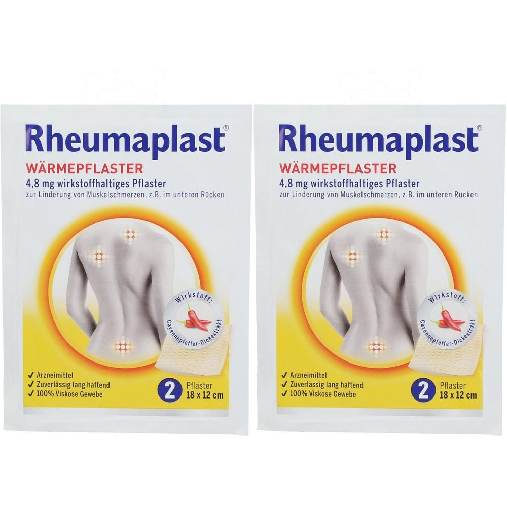 Zwei Packungen Rheumaplast® Wärmepflaster. Jede Packung enthält zwei Pflaster, 18 x 12 cm. Aufdruck: 4,8 mg wirkstoffhaltiges Pflaster.