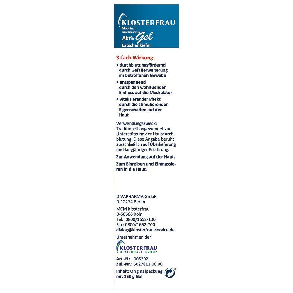 Rückseite der KLOSTERFRAU Mobilind Aktiv Gel Latschenkiefer Verpackung. Textliche Informationen über die Anwendung und Hersteller.
