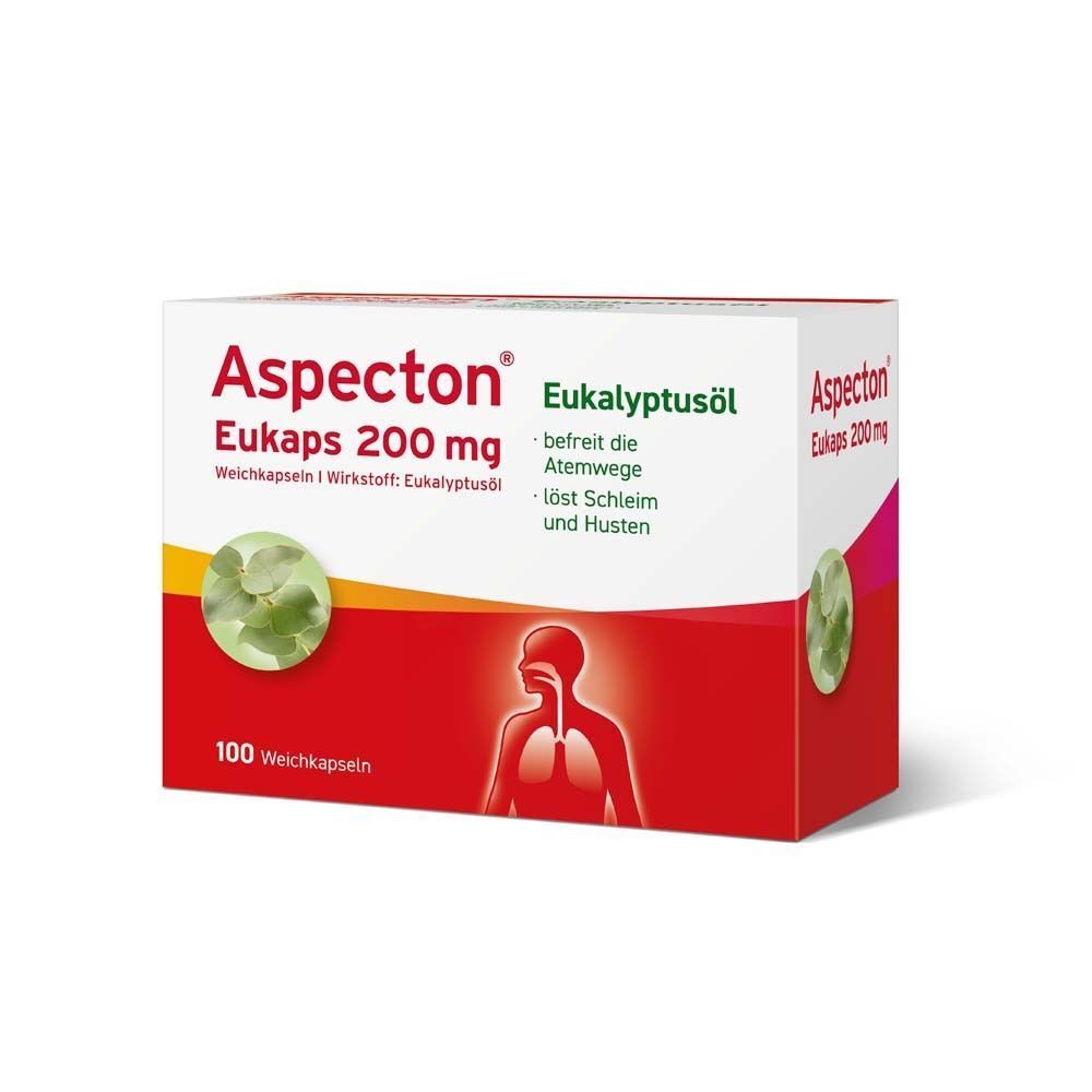 Aspecton Eukaps 200 mg Packung. Weiße Schachtel mit roter und gelber Schrift. Enthält 100 Weichkapseln. Illustration der Atemwege.