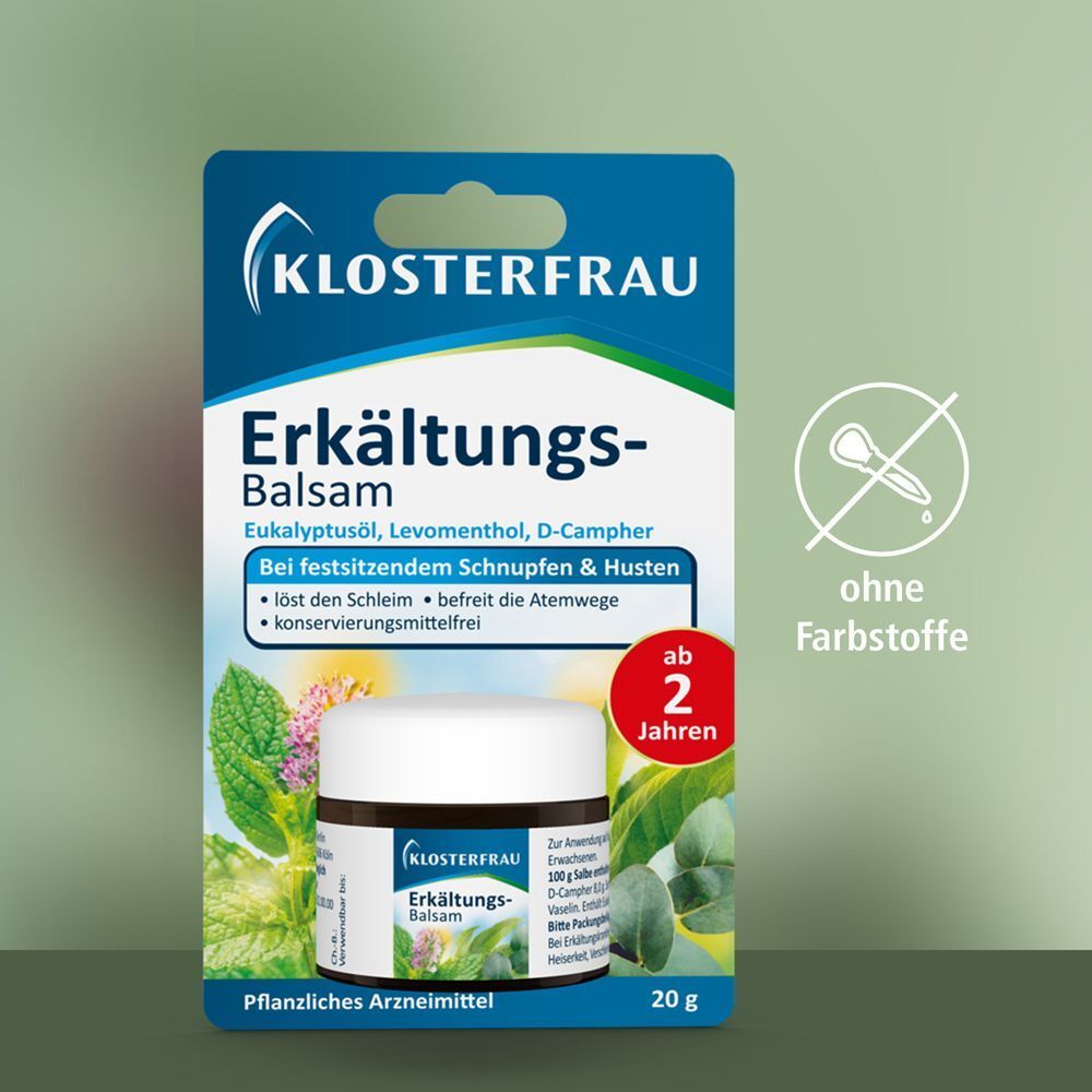 KLOSTERFRAU Erkältungs-Balsam in Verpackung. Text: Eukalyptusöl, Levomenthol, D-Campher. Ohne Farbstoffe. Roter Kreis: ab 2 Jahren.