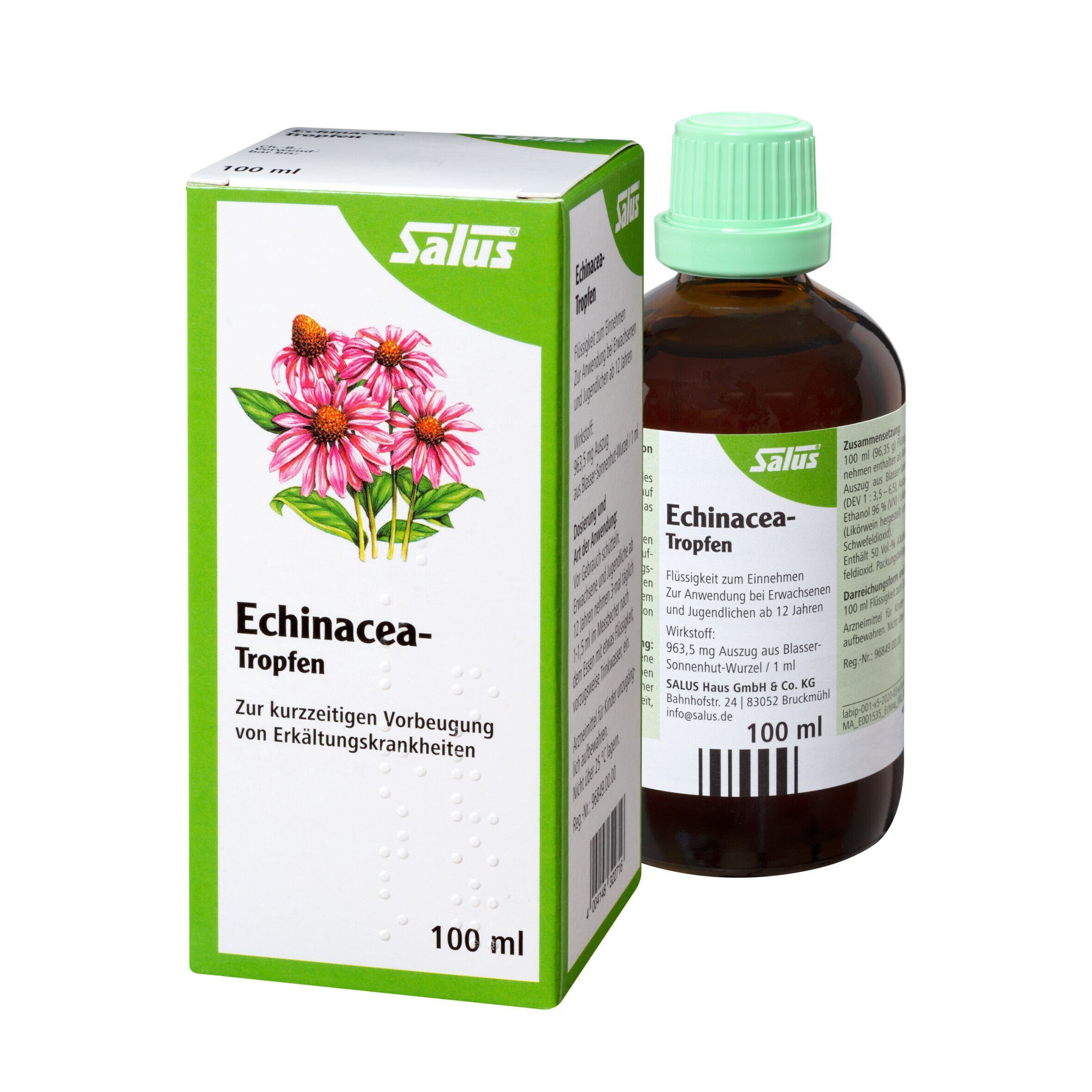 Salus® Echinacea-Tropfen Schachtel und Flasche. Braune Flüssigkeit in Glasflasche mit grünem Deckel. Text: Echinacea-Tropfen, 100 ml.