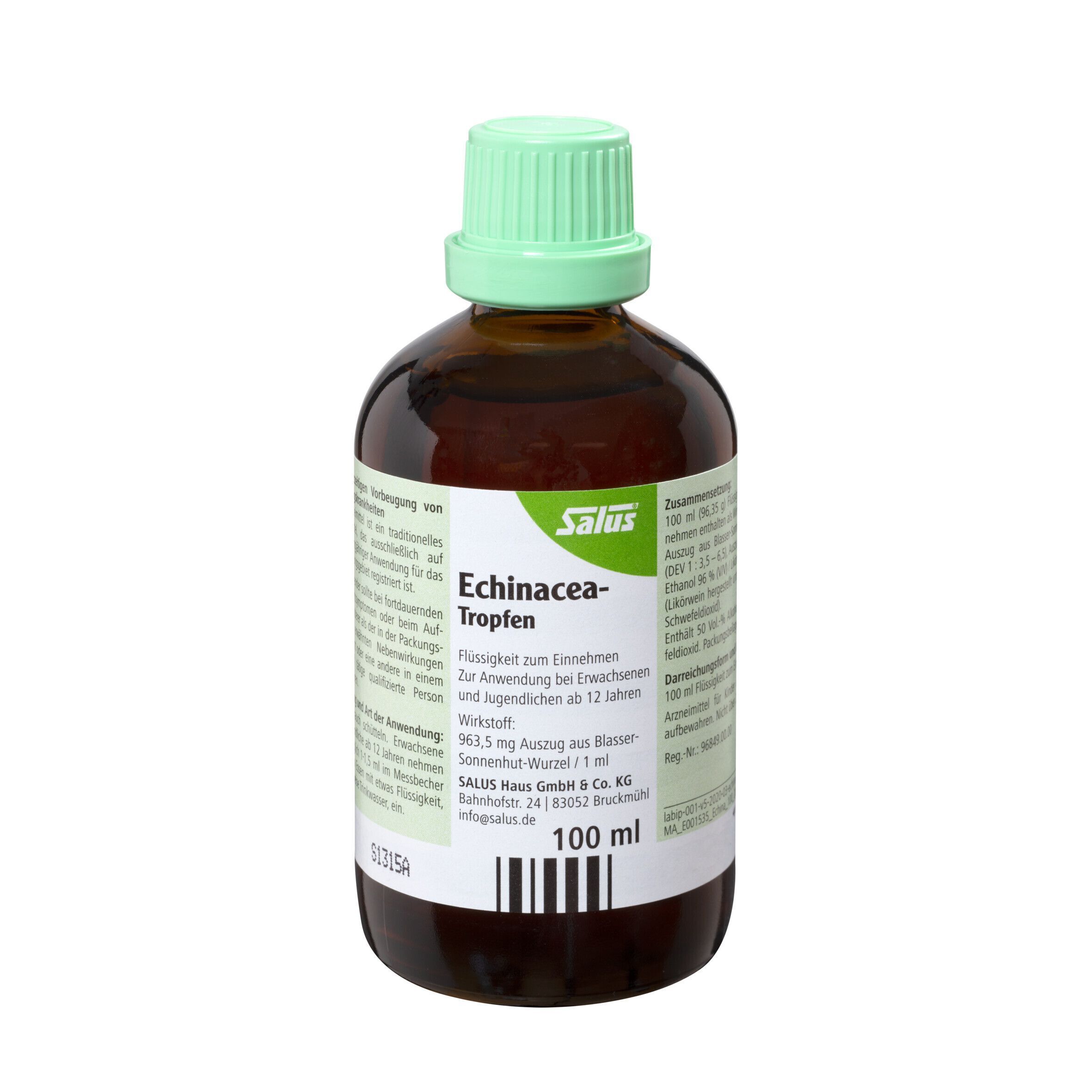 Salus® Echinacea-Tropfen Flasche. Braune Flüssigkeit in Glasflasche mit grünem Deckel. Text: Echinacea-Tropfen, 100 ml.