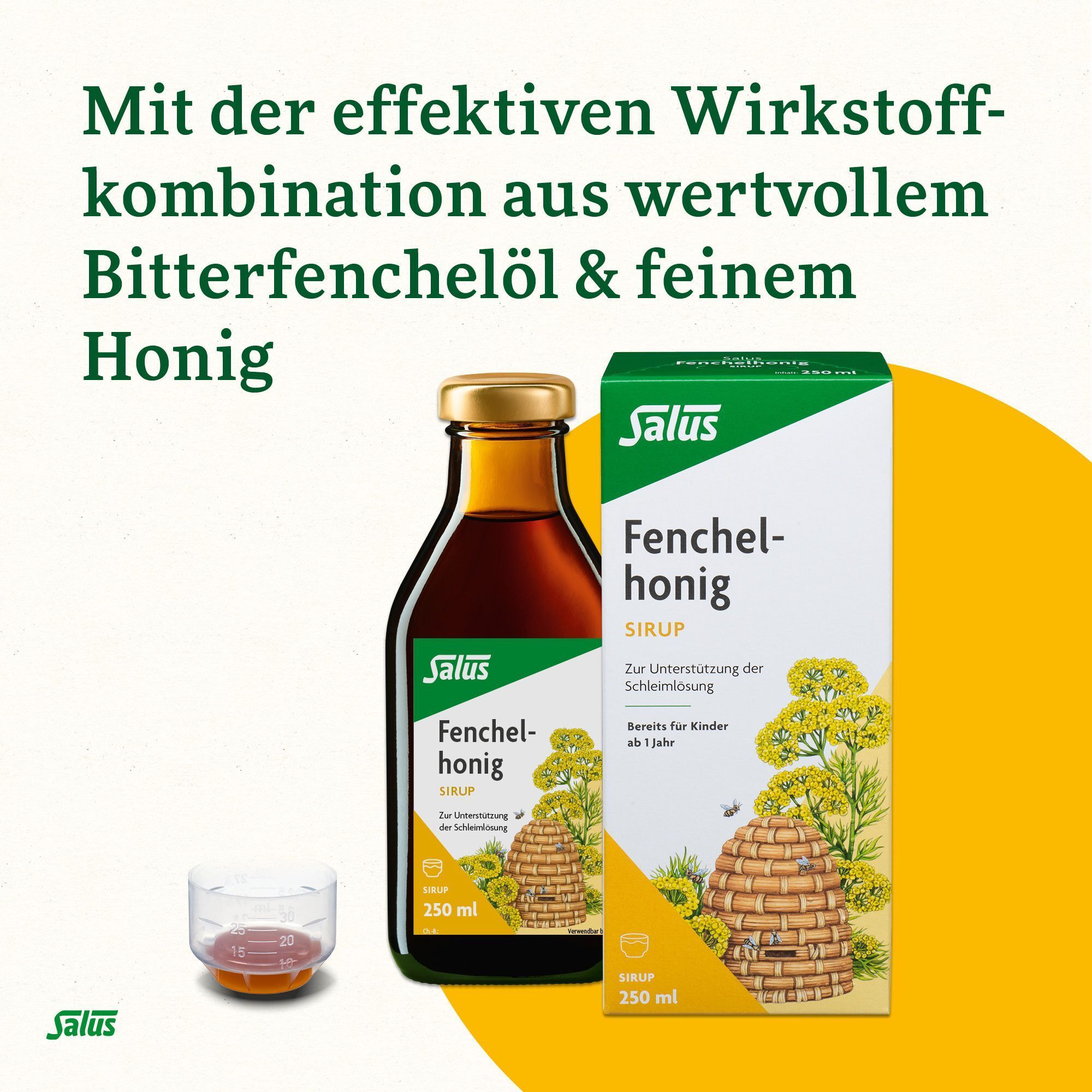 Flasche und Karton Salus Fenchelhonig, daneben Dosierbecher. Text: Mit der effektiven Wirkstoffkombination aus wertvollem Bitterfenchelöl & feinem Honig.
