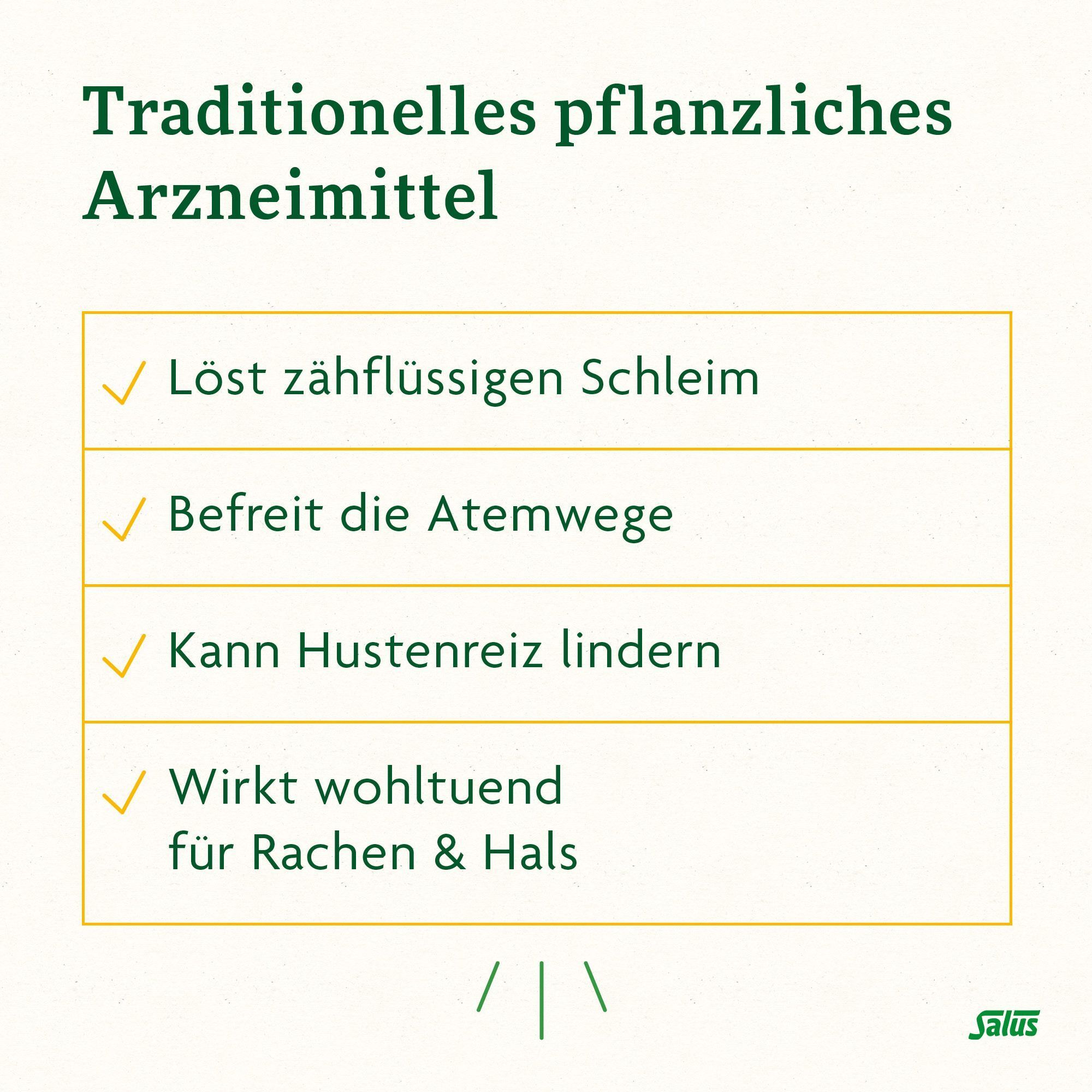 Text: Traditionelles pflanzliches Arzneimittel. 4 grüne Haken unter Texten: Löst Schleim, befreit Atemwege, lindert Hustenreiz, wirkt wohltuend.