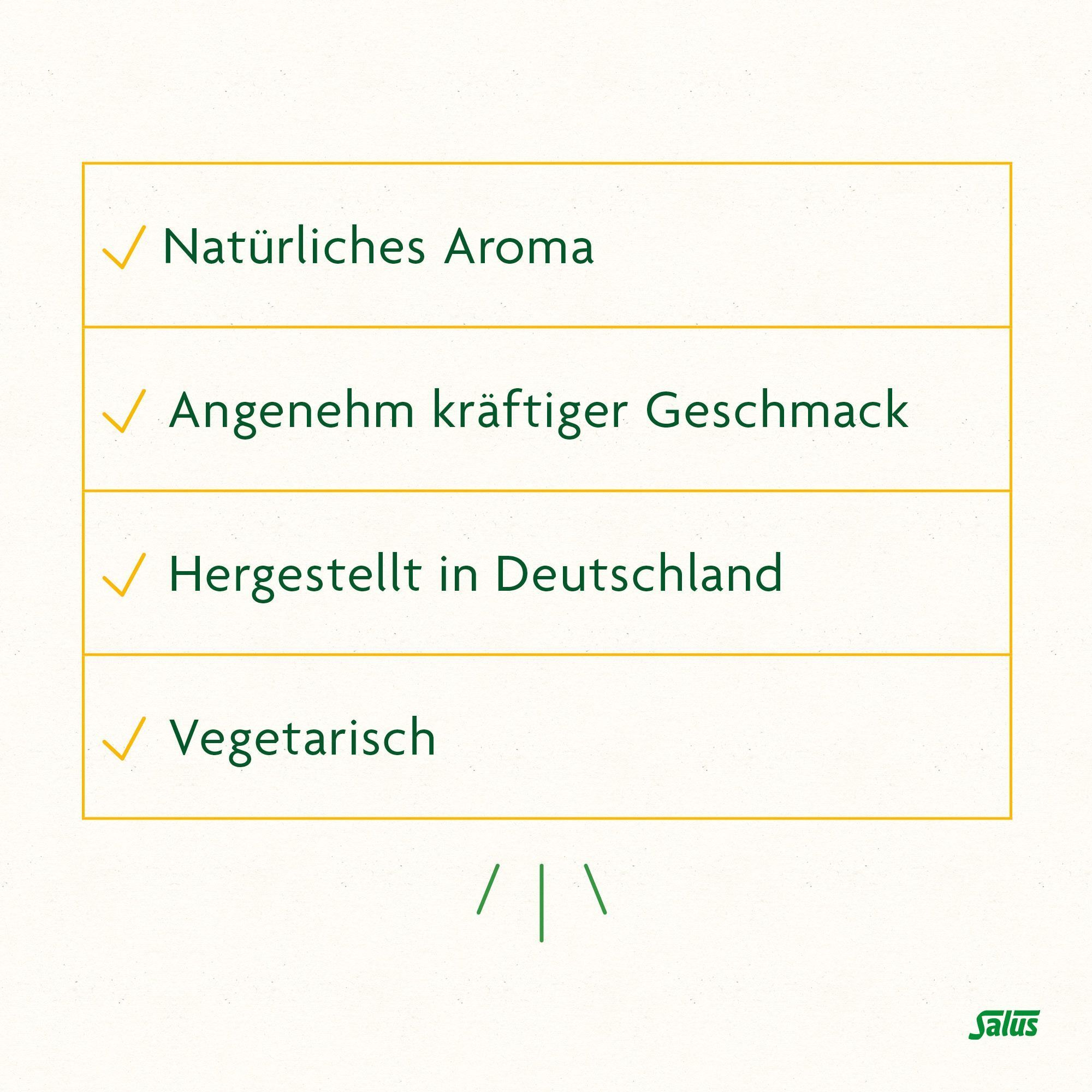 Text: Natürliches Aroma, Angenehm kräftiger Geschmack, Hergestellt in Deutschland, Vegetarisch.