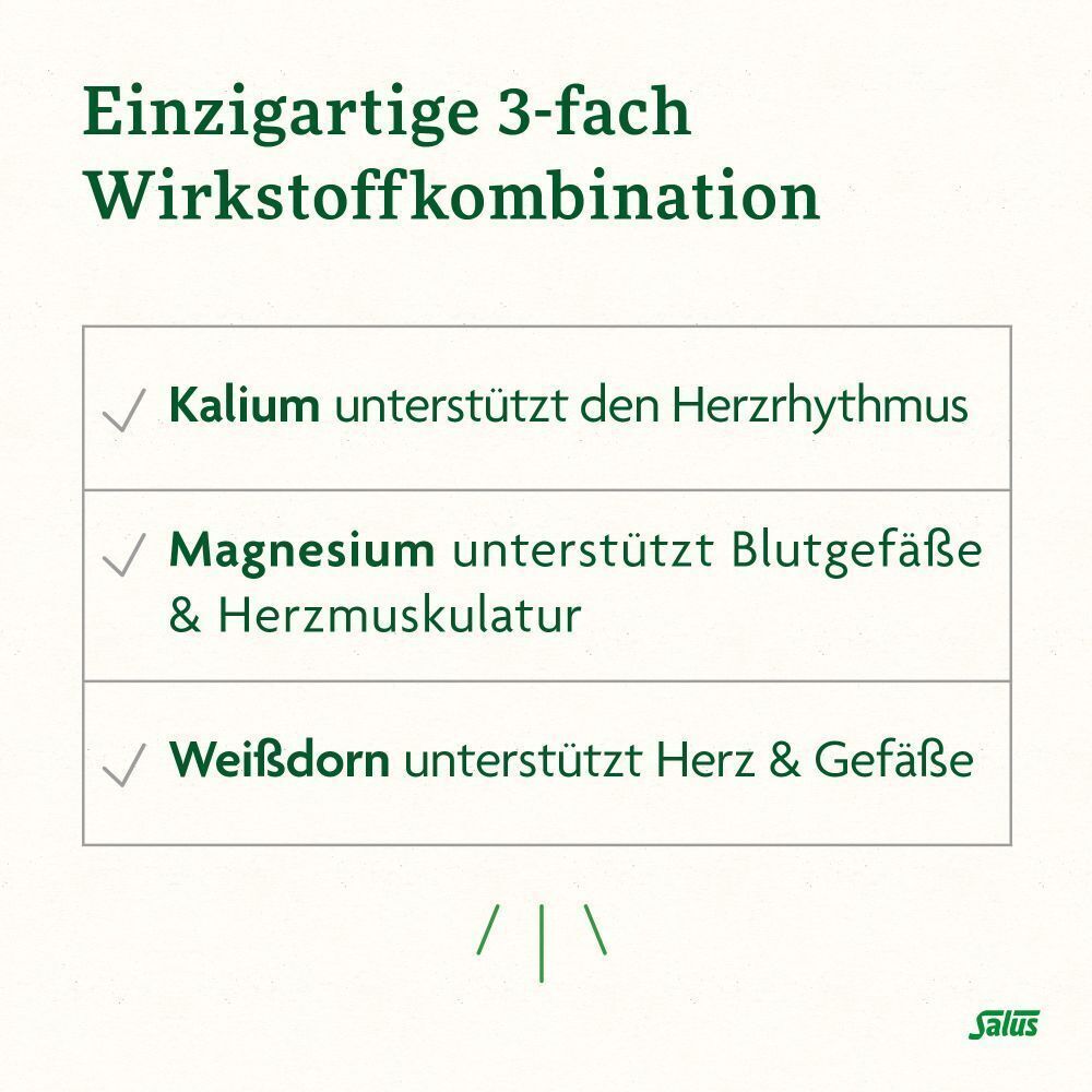 Text: Kalium unterstützt den Herzrhythmus, Magnesium unterstützt Blutgefäße & Herzmuskulatur, Weißdorn unterstützt Herz & Gefäße. Salus Logo.
