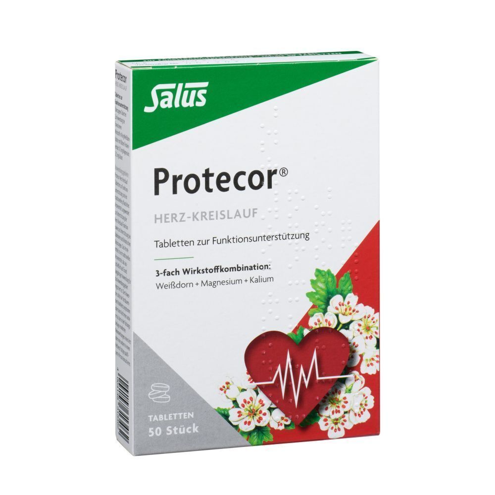 Packung Protecor Herz-Kreislauf Tabletten. Salus Logo. Text: Tabletten zur Funktionsunterstützung. 50 Stück.