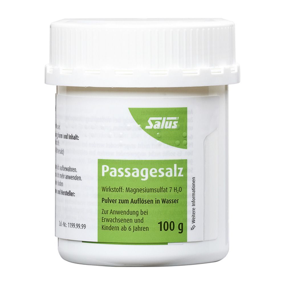 Weiße Kunststoffdose mit Deckel und Etikett. Aufschrift: Salus® Passagesalz, Magnesiumsulfat 7 H2O, 100 g.