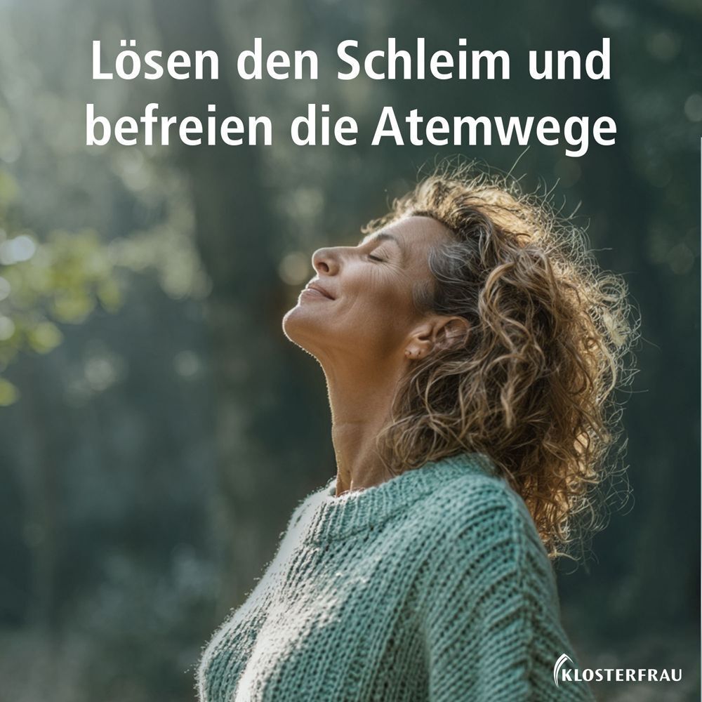 Eine Frau atmet tief ein. Text: "Lösen den Schleim und befreien die Atemwege". Logo KLOSTERFRAU.