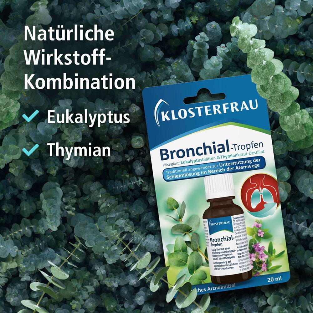 KLOSTERFRAU Bronchial-Tropfen. Blaue Verpackung mit Flasche. Text: Eukalyptus, Thymian. Hintergrund: Eukalyptusblätter.