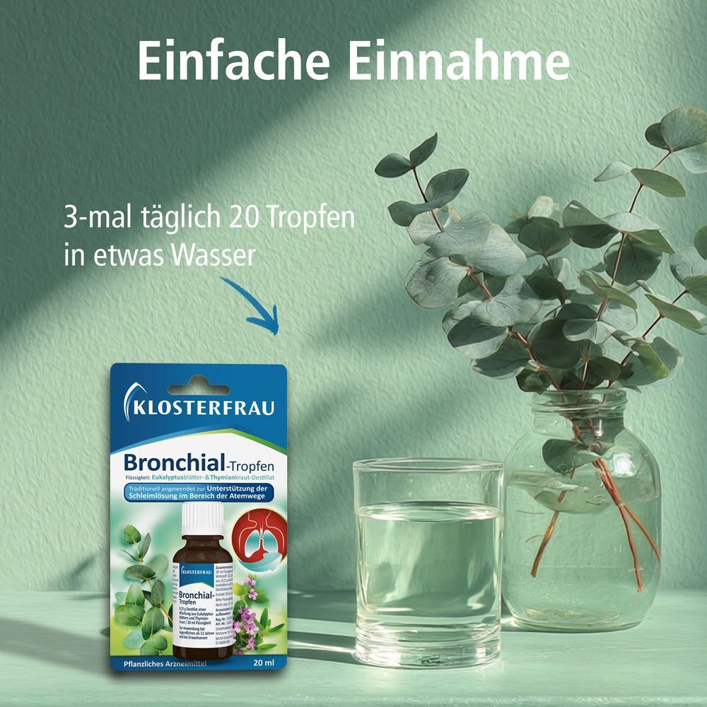 KLOSTERFRAU Bronchial-Tropfen, Flasche und Verpackung. Glas Wasser und Vase mit Zweigen. Text: 3-mal täglich 20 Tropfen in etwas Wasser.