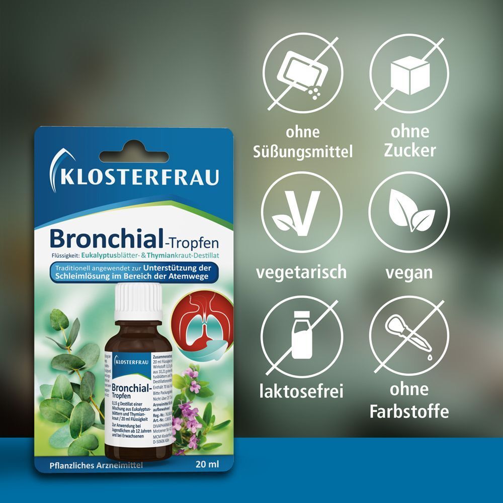 KLOSTERFRAU Bronchial-Tropfen. Verpackung mit Flasche. Symbole: ohne Zucker, ohne Süßungsmittel, vegetarisch, vegan, laktosefrei, ohne Farbstoffe.