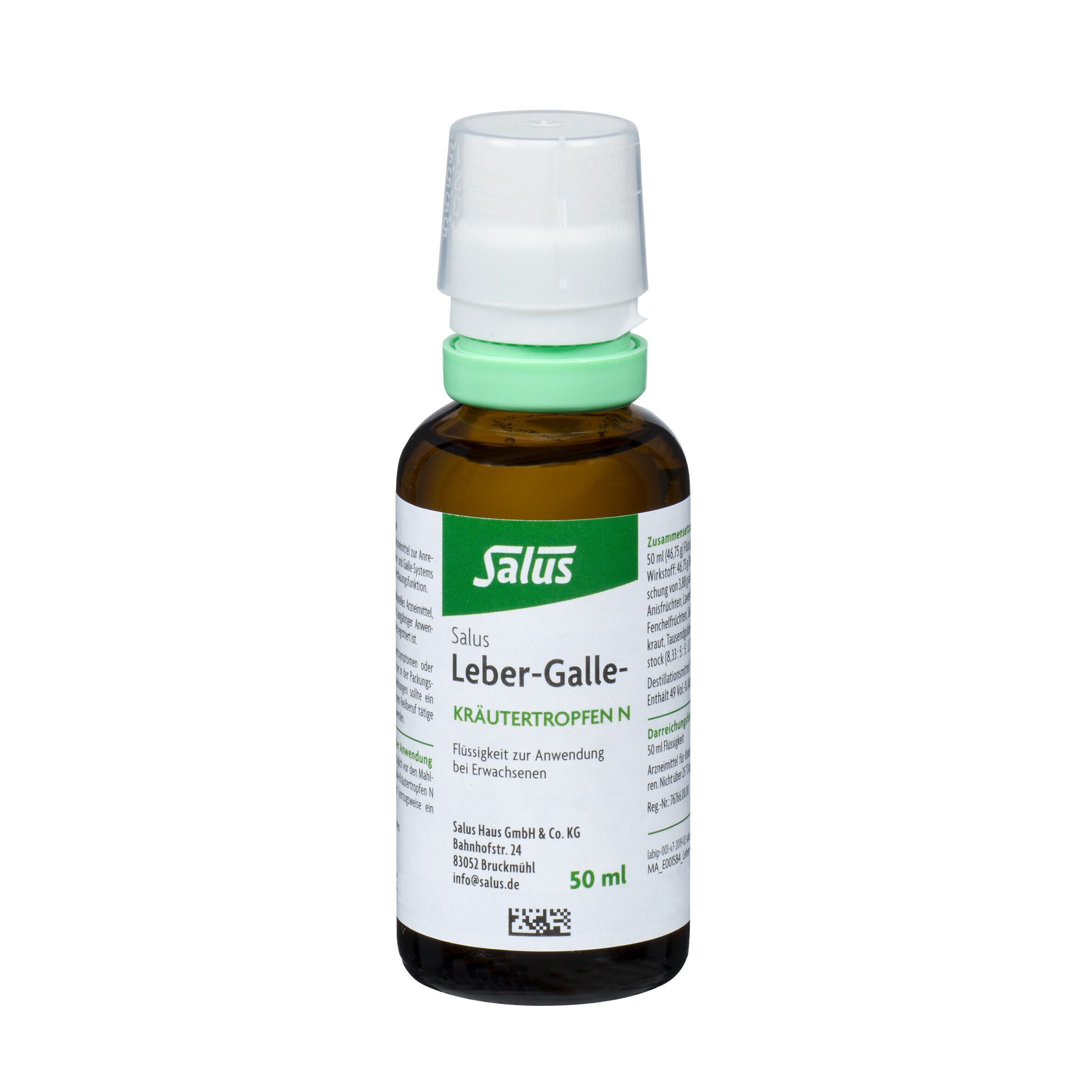 Braune Glasflasche mit weißem Deckel und grünem Ring. Aufschrift: Salus, Leber-Galle Kräutertropfen N, 50 ml.