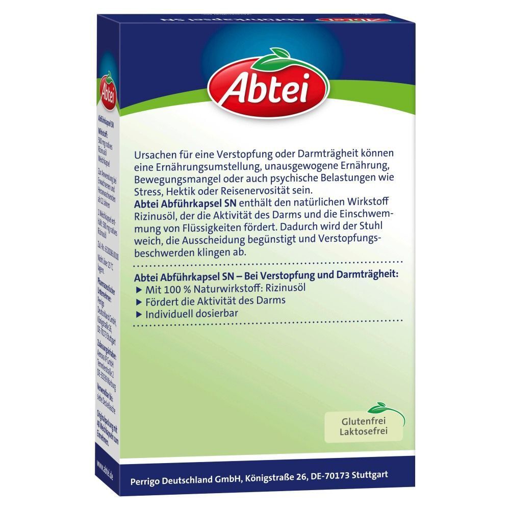 Rückseite einer Schachtel Abtei Abführ-Kapseln SN. Textinformationen zu Inhaltsstoffen und Anwendung. Glutenfrei, laktosefrei.
