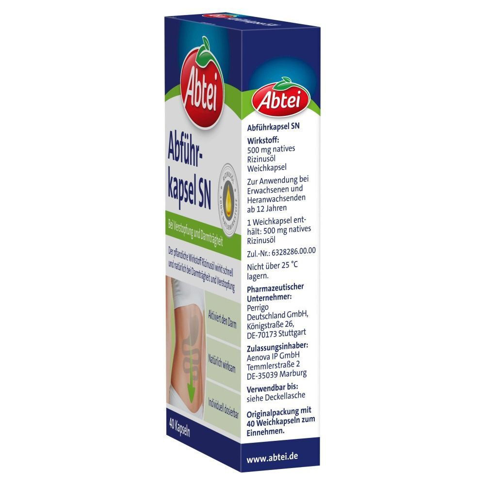 Seitenansicht einer Schachtel Abtei Abführ-Kapseln SN. Produktname, Logo, Inhaltsstoffe und Dosierung. 40 Kapseln.