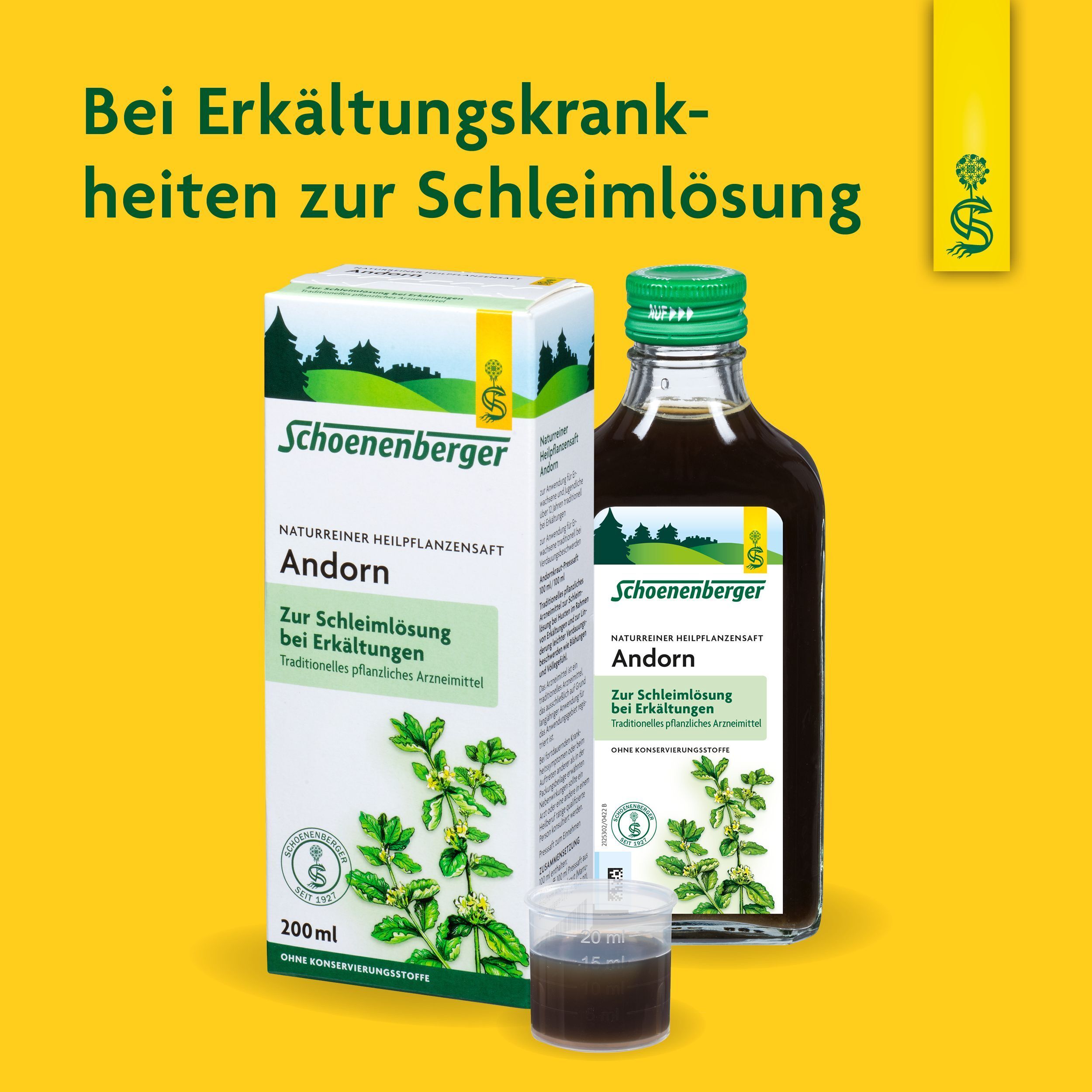 Schoenenberger® Andorn Flasche und Karton. Text: Zur Schleimlösung bei Erkältungen. Becher mit Flüssigkeit.