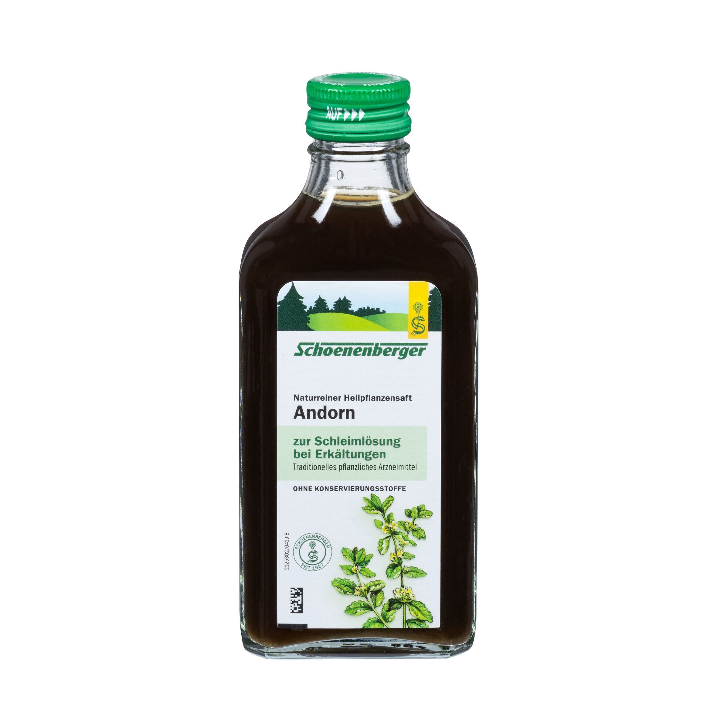 Schoenenberger® Andorn Flasche. Grüner Verschluss. Text: Zur Schleimlösung bei Erkältungen. Ohne Konservierungsstoffe.