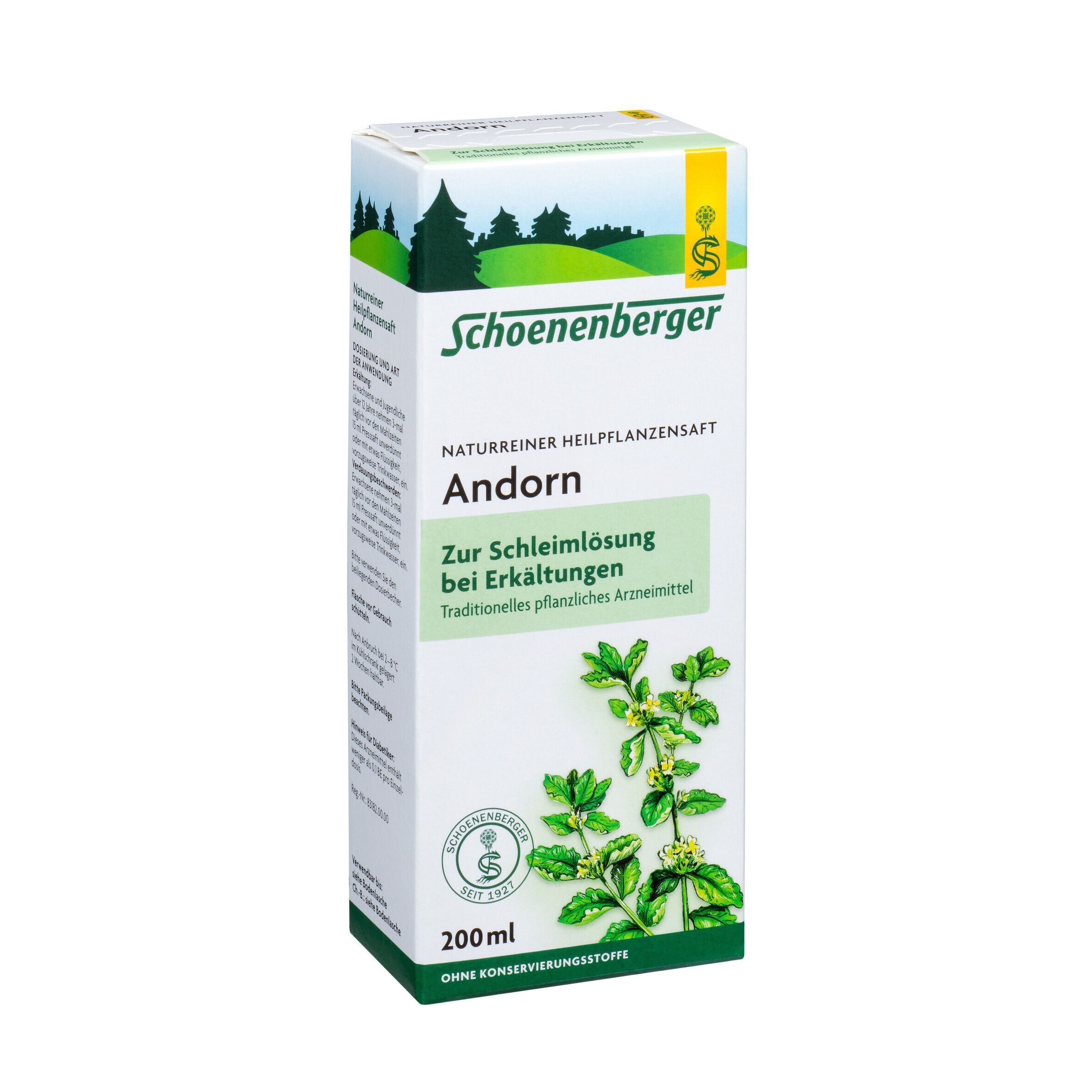 Schoenenberger® Andorn Karton. Text: Zur Schleimlösung bei Erkältungen. 200ml. Ohne Konservierungsstoffe.