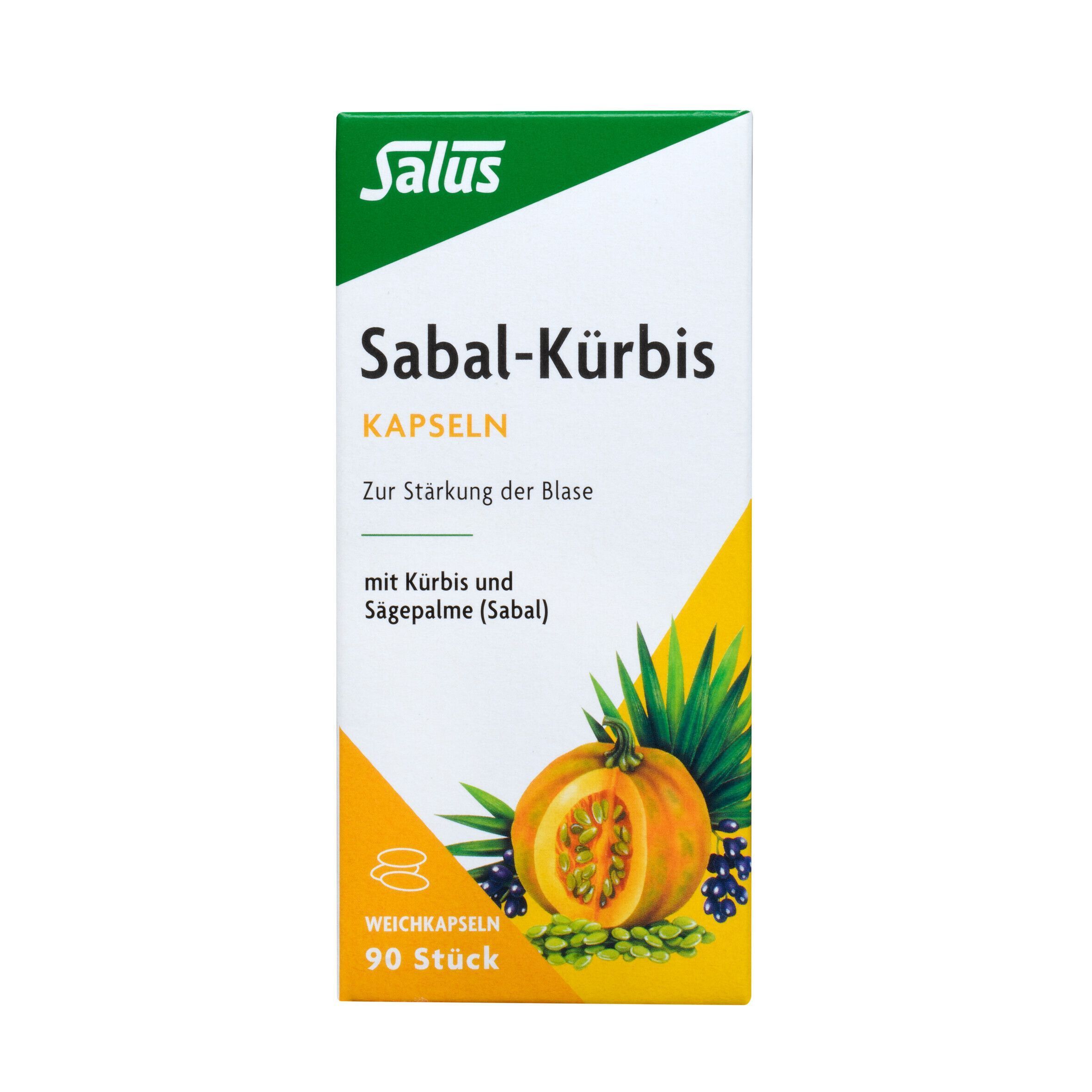 Produktverpackung. Aufdruck: Salus Sabal-Kürbis-Kapseln. Abbildung: Kürbis, Sägepalme, Beeren. 90 Stück. Weiß, gelb, grün.