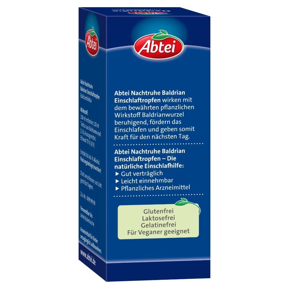 Abtei Nachtruhe Einschlaftropfen Schachtel, blaue Seite. Text: Glutenfrei, Laktosefrei, Gelatinefrei, Für Veganer geeignet.