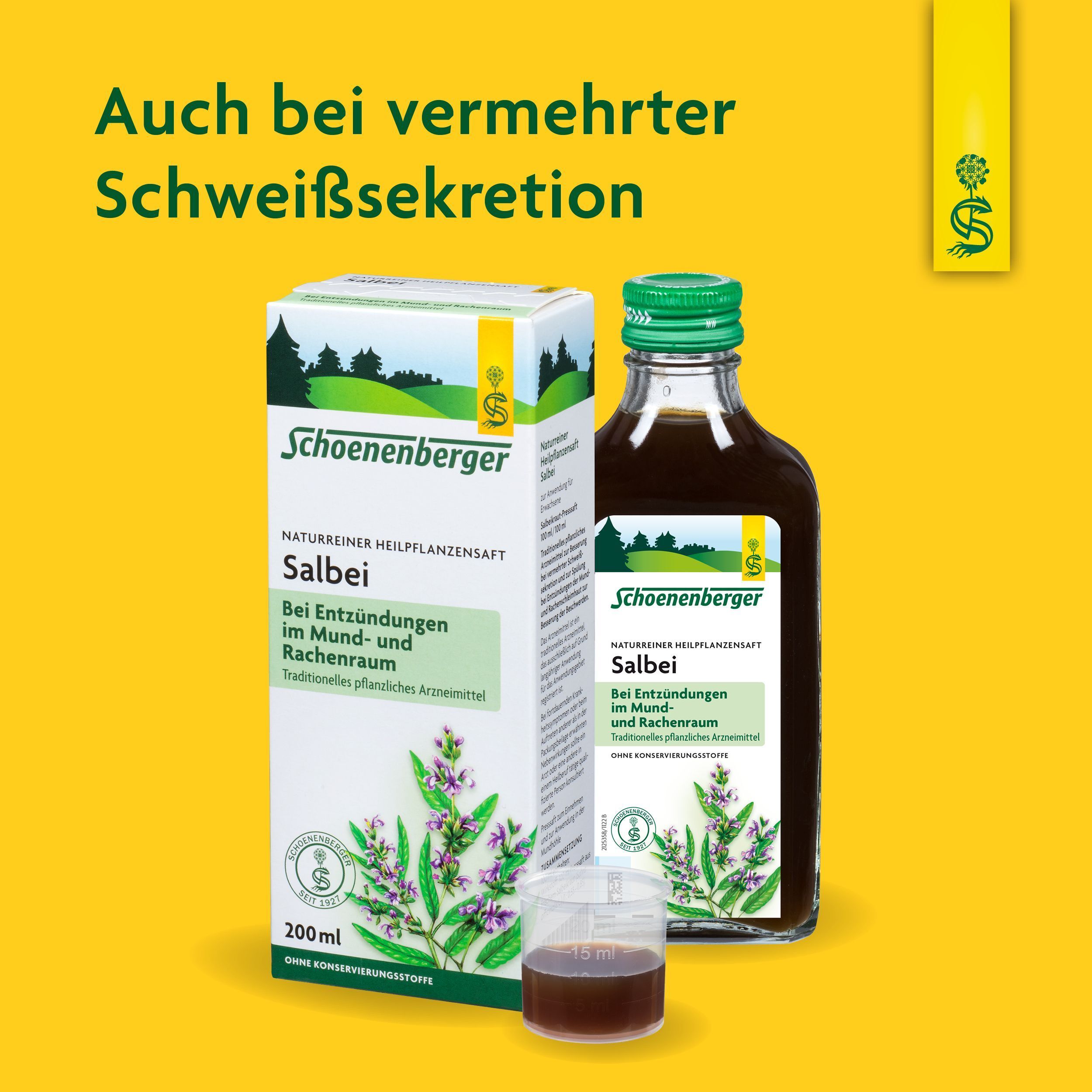 Flasche und Karton Schoenenberger Salbei. Gelber Hintergrund. Text: Auch bei vermehrter Schweißsekretion. Mit Messbecher.