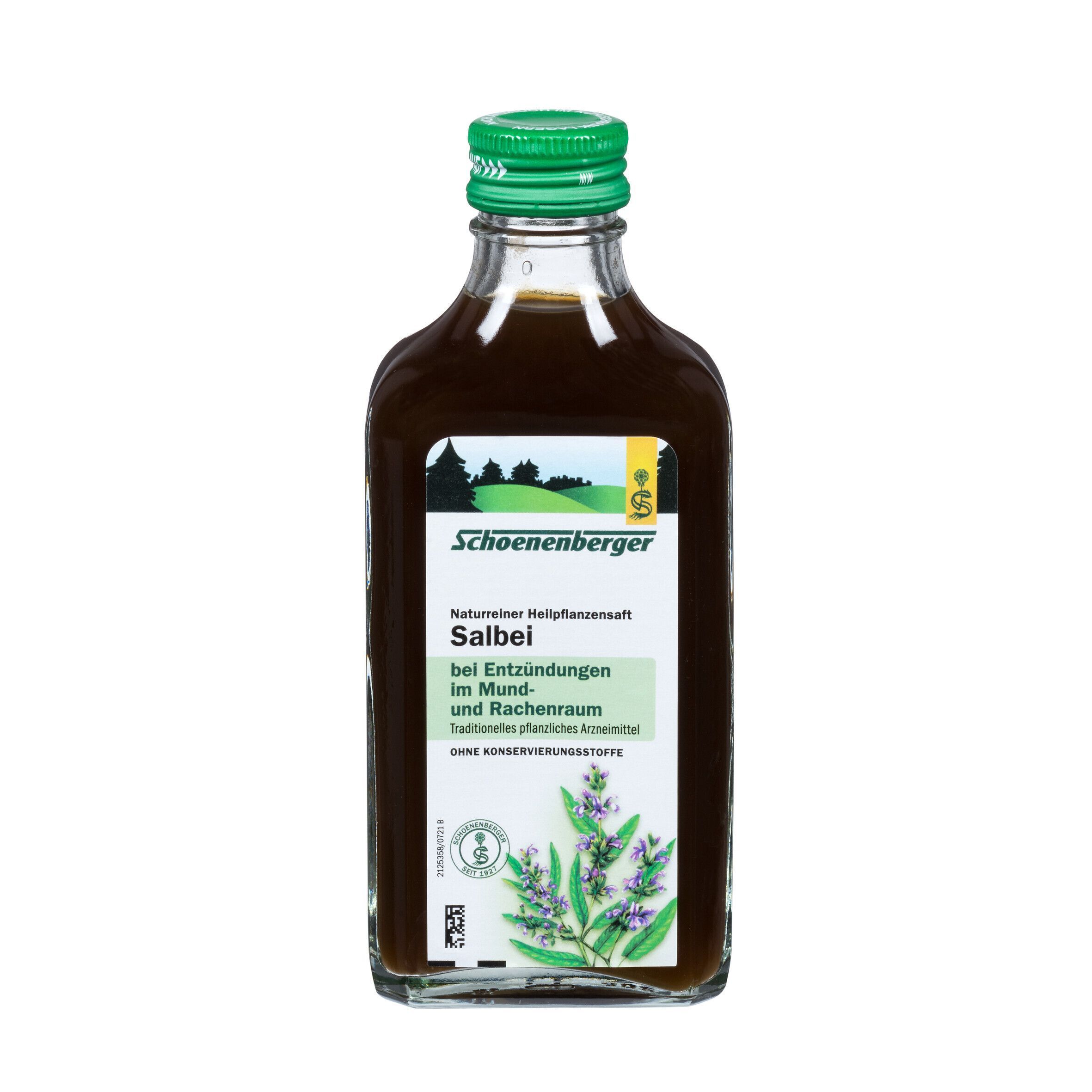 Flasche Schoenenberger Salbei. Text: Naturreiner Heilpflanzensaft. Bei Entzündungen im Mund- und Rachenraum.