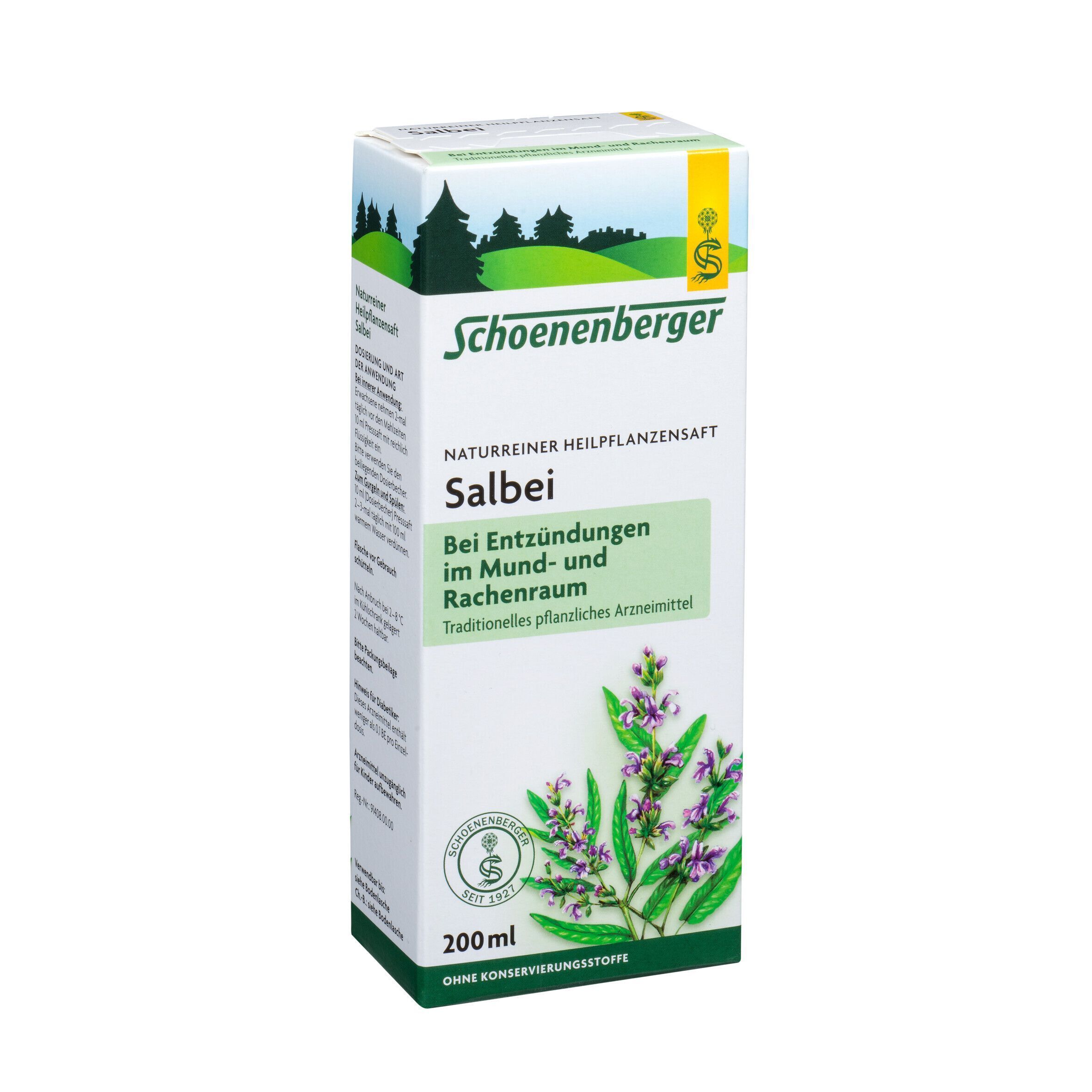 Karton Schoenenberger Salbei. Text: Naturreiner Heilpflanzensaft. Bei Entzündungen im Mund- und Rachenraum. 200 ml.