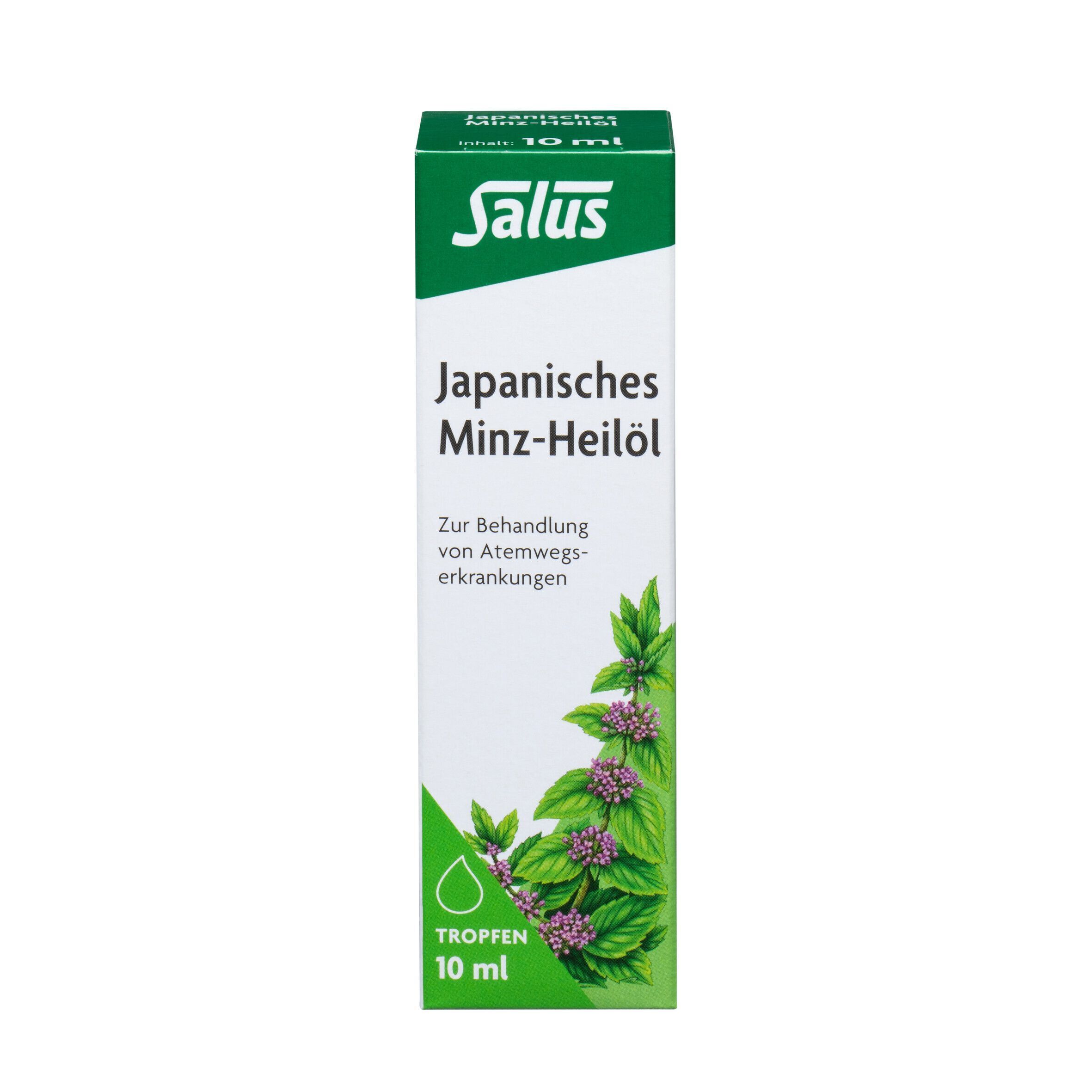 Eine Packung. Aufdruck: Salus, Japanisches Minz-Heilöl. Grün-weiße Verpackung mit Pflanzenabbildung. Tropfen-Symbol und 10 ml.