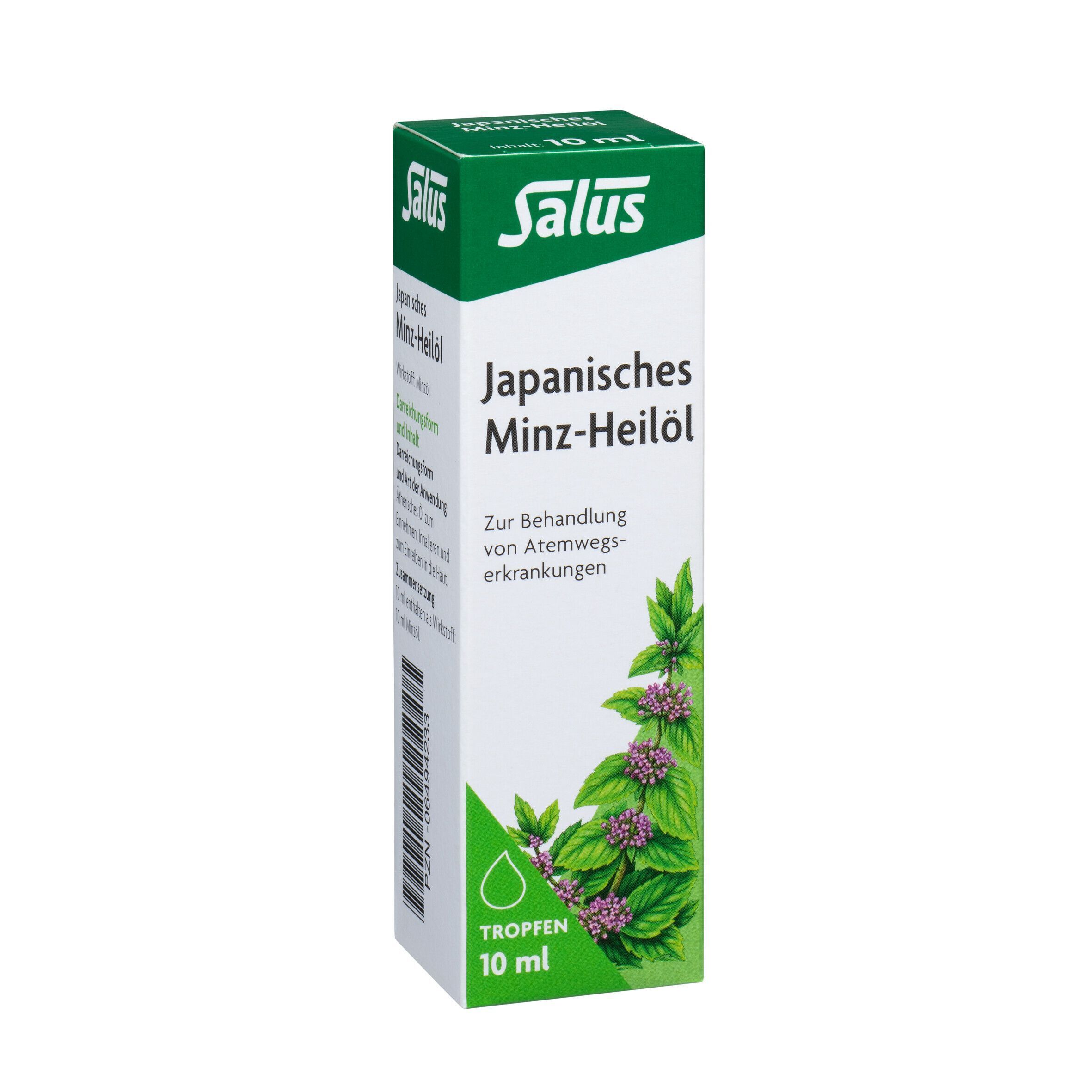 Eine Packung. Aufdruck: Salus, Japanisches Minz-Heilöl. Grün-weiße Verpackung mit Pflanzenabbildung. Tropfen-Symbol und 10 ml.