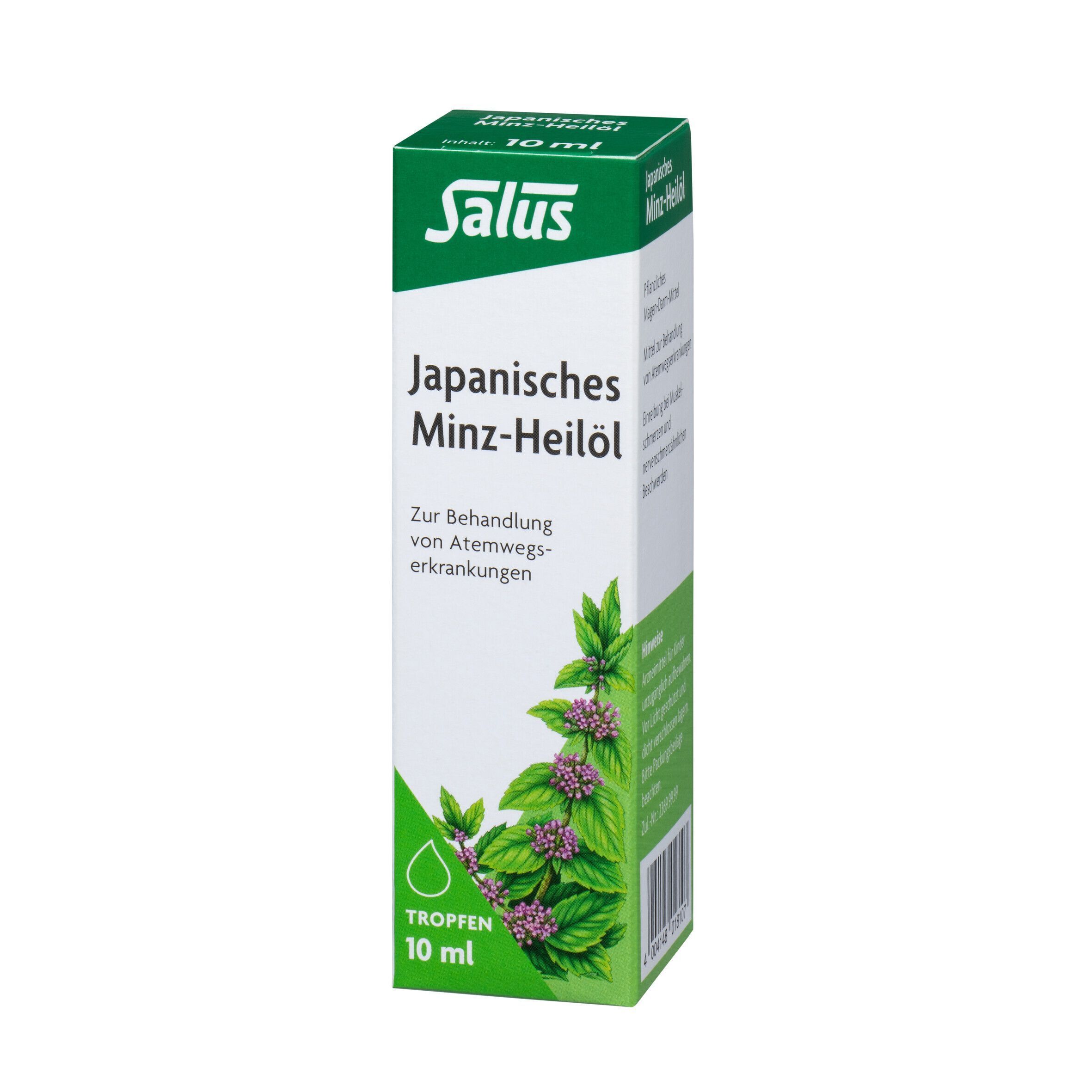 Eine Packung. Aufdruck: Salus, Japanisches Minz-Heilöl. Grün-weiße Verpackung mit Pflanzenabbildung. Tropfen-Symbol und 10 ml.