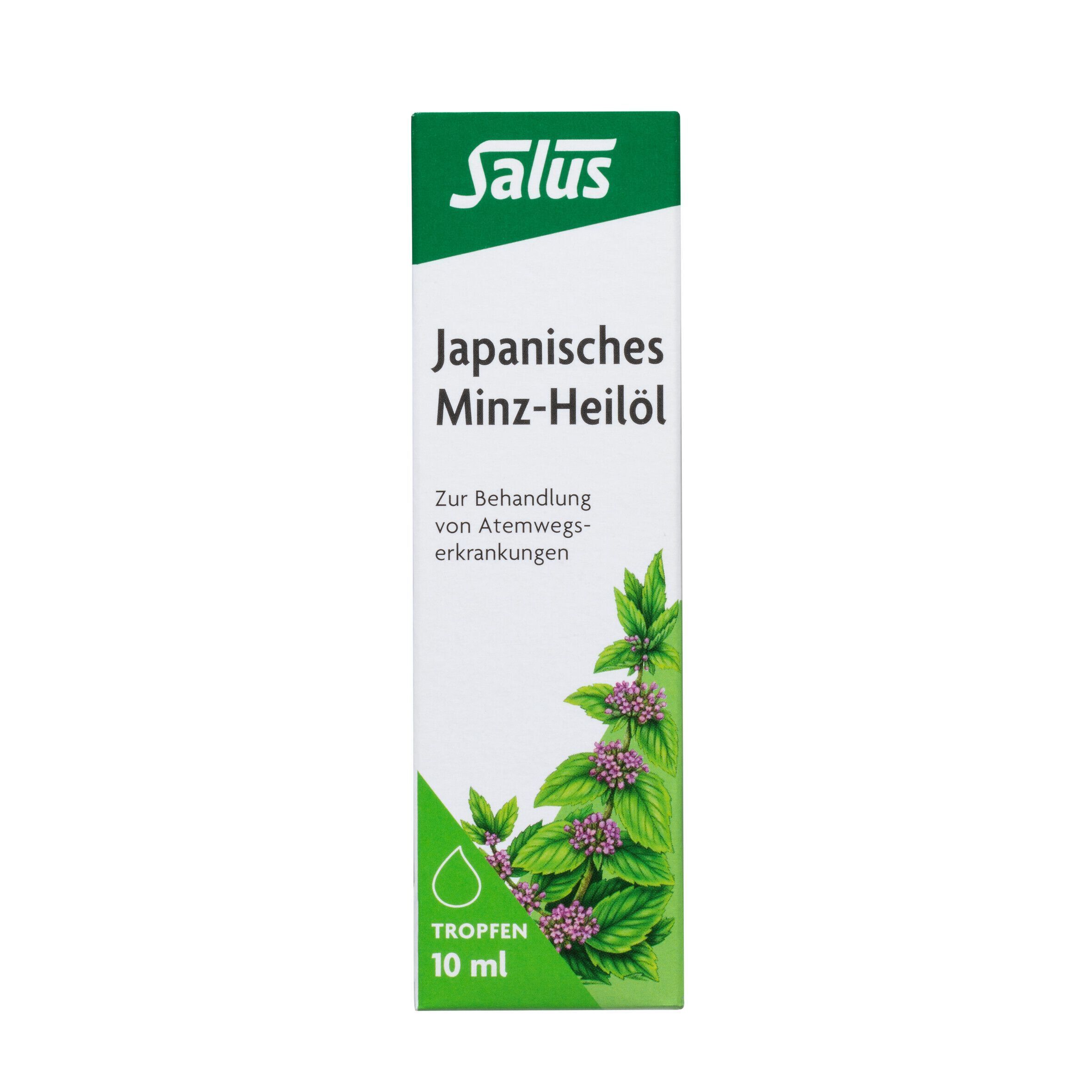 Eine Packung. Aufdruck: Salus, Japanisches Minz-Heilöl. Grün-weiße Verpackung mit Pflanzenabbildung. Tropfen-Symbol und 10 ml.