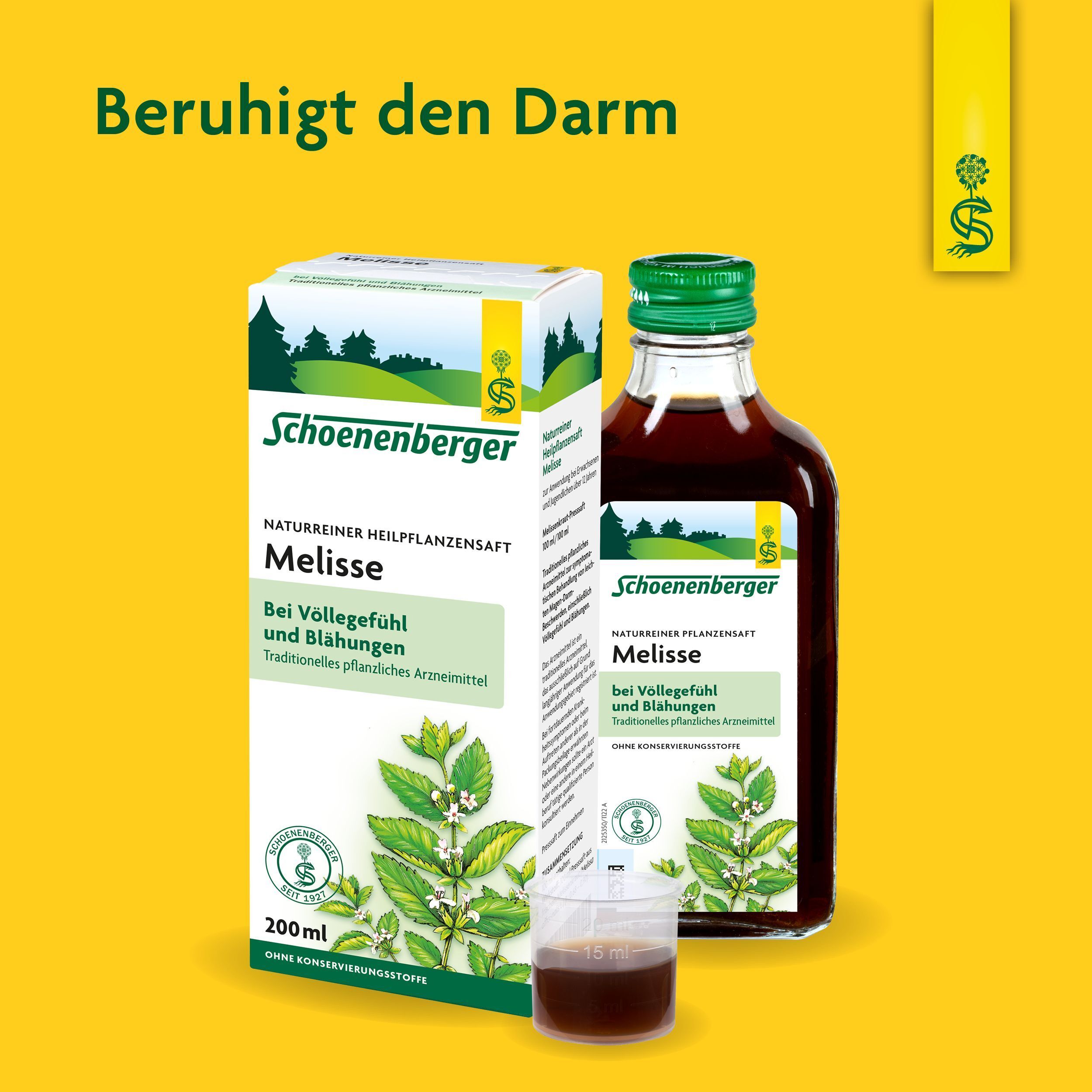 Flasche und Schachtel Schoenenberger Melisse. Text: Beruhigt den Darm. Messbecher. Produktname und Logo.