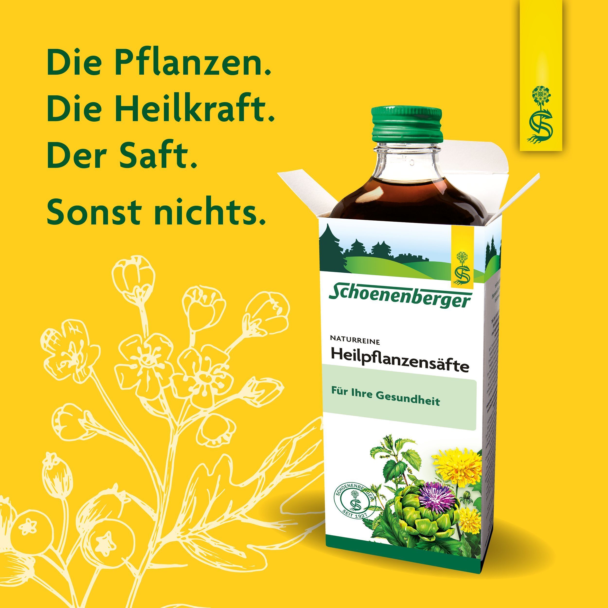 Flasche und geöffnete Schachtel Schoenenberger Heilpflanzensäfte. Text: Die Pflanzen. Der Saft. Sonst nichts.
