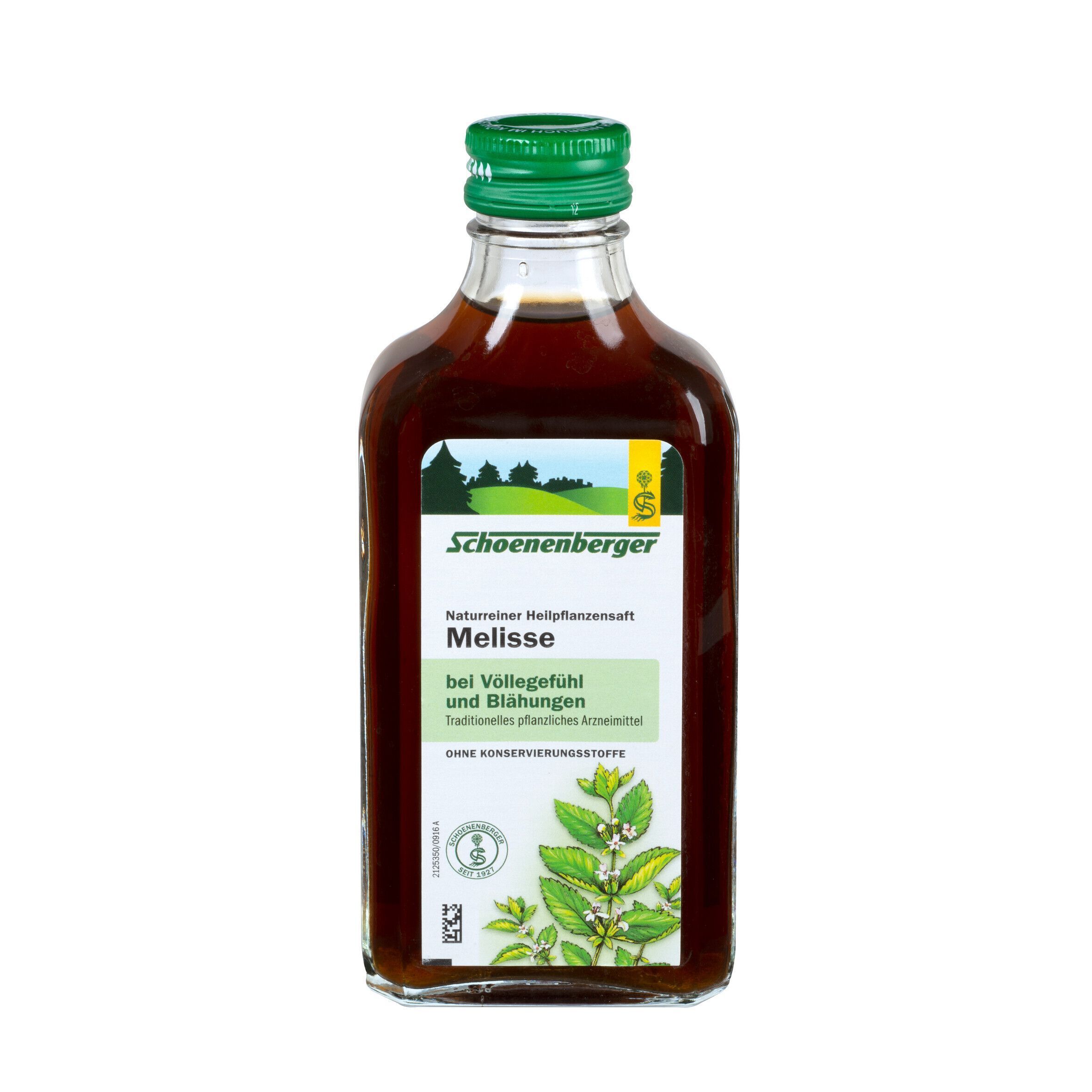 Flasche Schoenenberger Melisse. Braune Flüssigkeit, grüne Kappe. Text: Naturreiner Heilpflanzensaft.