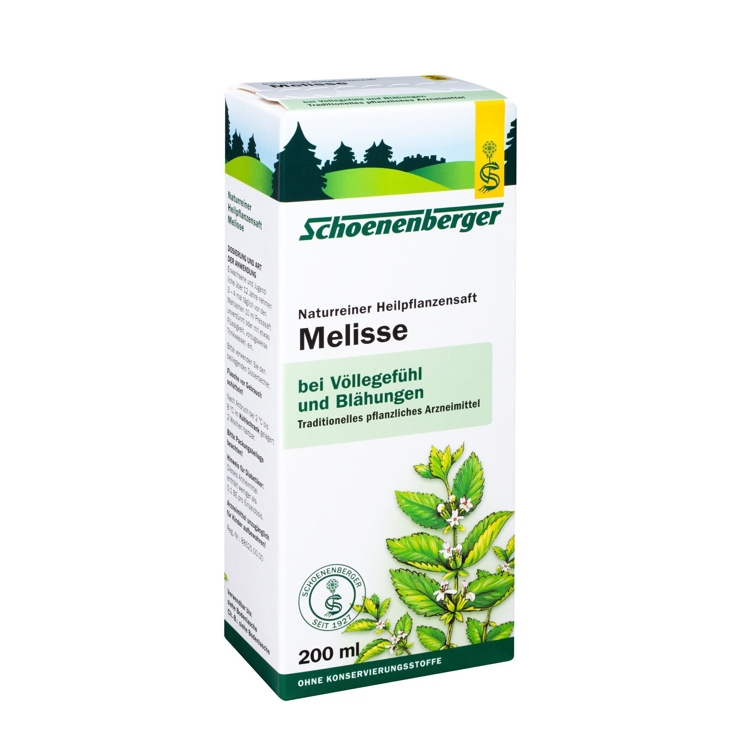 Schachtel Schoenenberger Melisse. Text: Naturreiner Heilpflanzensaft. 200 ml. Ohne Konservierungsstoffe.