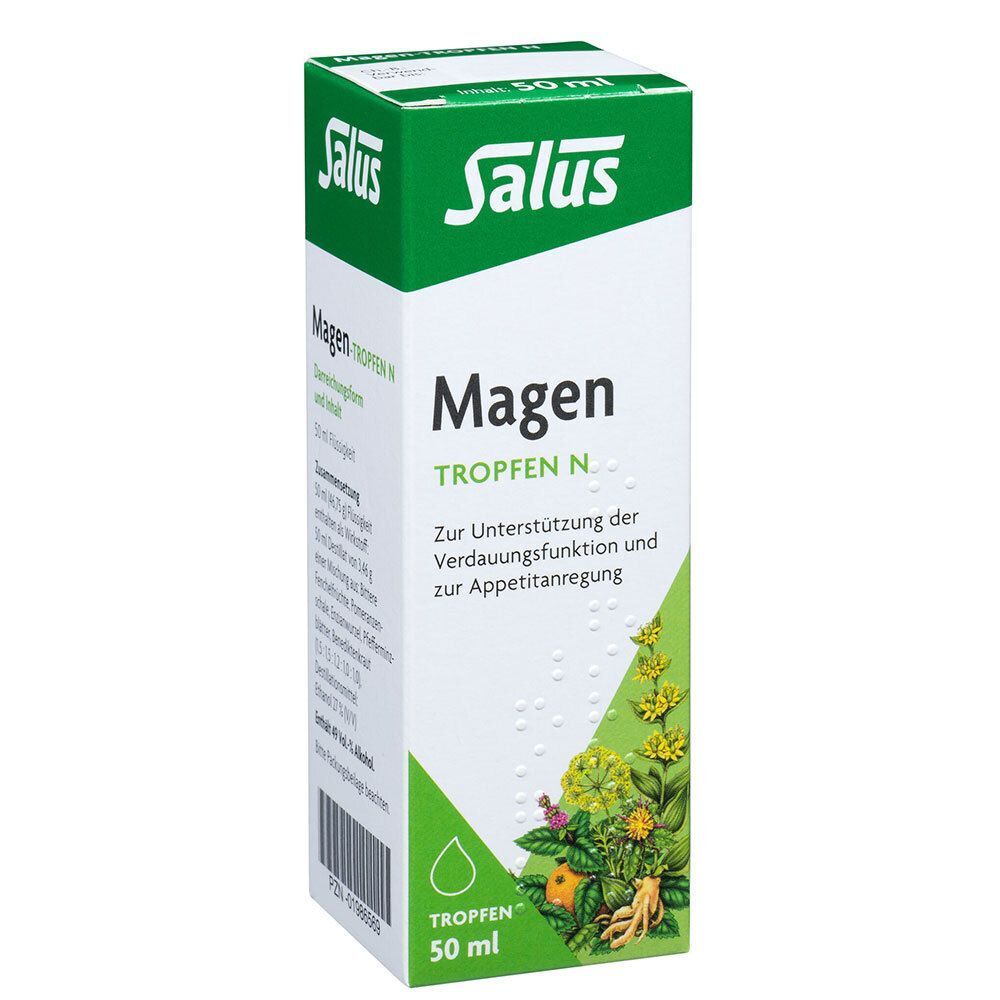 Verpackung von Salus Magen Tropfen N. Grüne und weiße Verpackung mit Produktnamen und floralen Illustrationen.