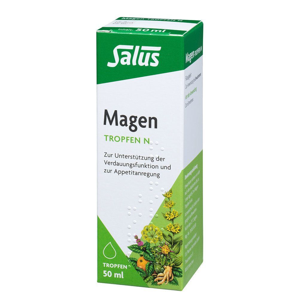 Verpackung von Salus Magen Tropfen N. Grüne und weiße Verpackung mit Produktnamen und floralen Illustrationen.