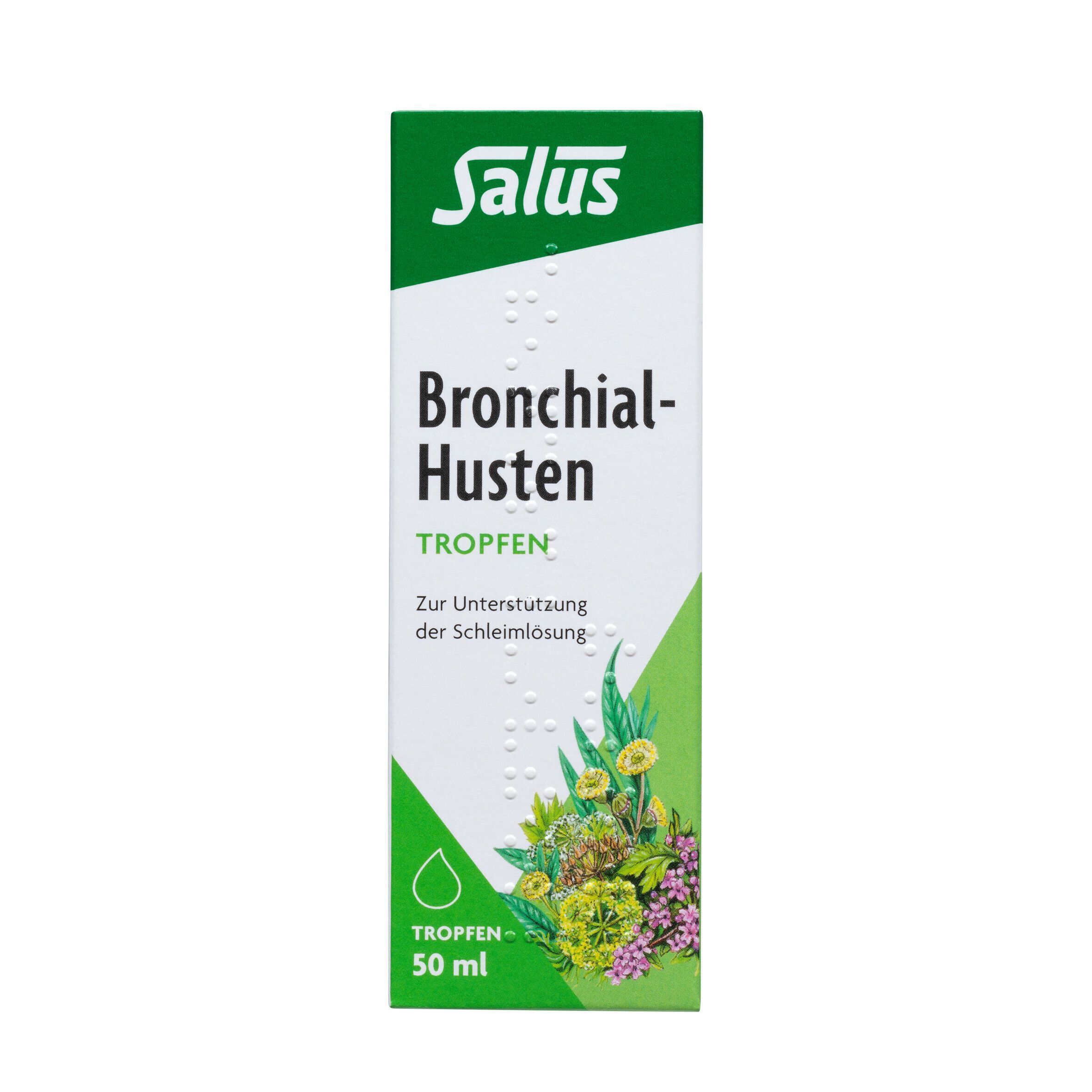 Weiße Schachtel mit grüner Oberseite. Aufschrift: Salus Bronchial-Husten Tropfen. Floral-Motiv und Tropfen-Symbol.