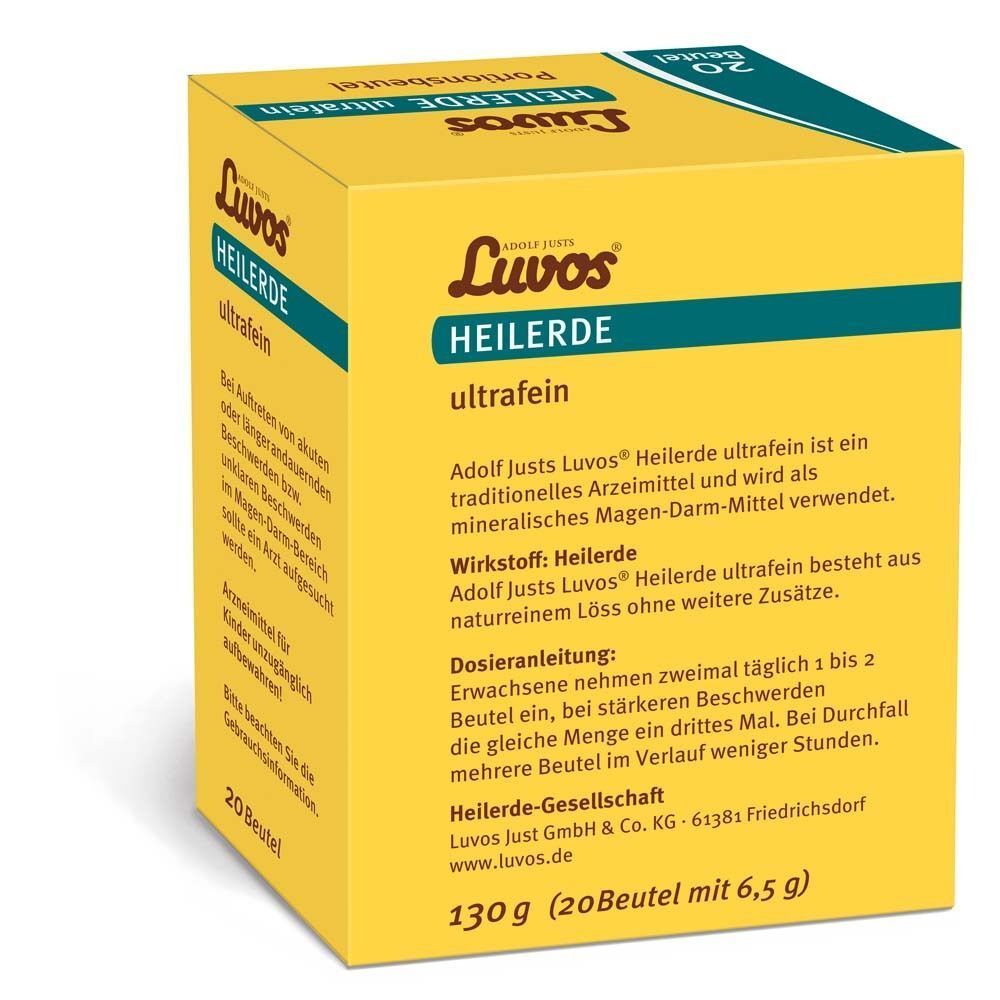 Gelbe Schachtel mit "Luvos Heilerde ultrafein". Aufschrift "20 Beutel" und Textinformationen.
