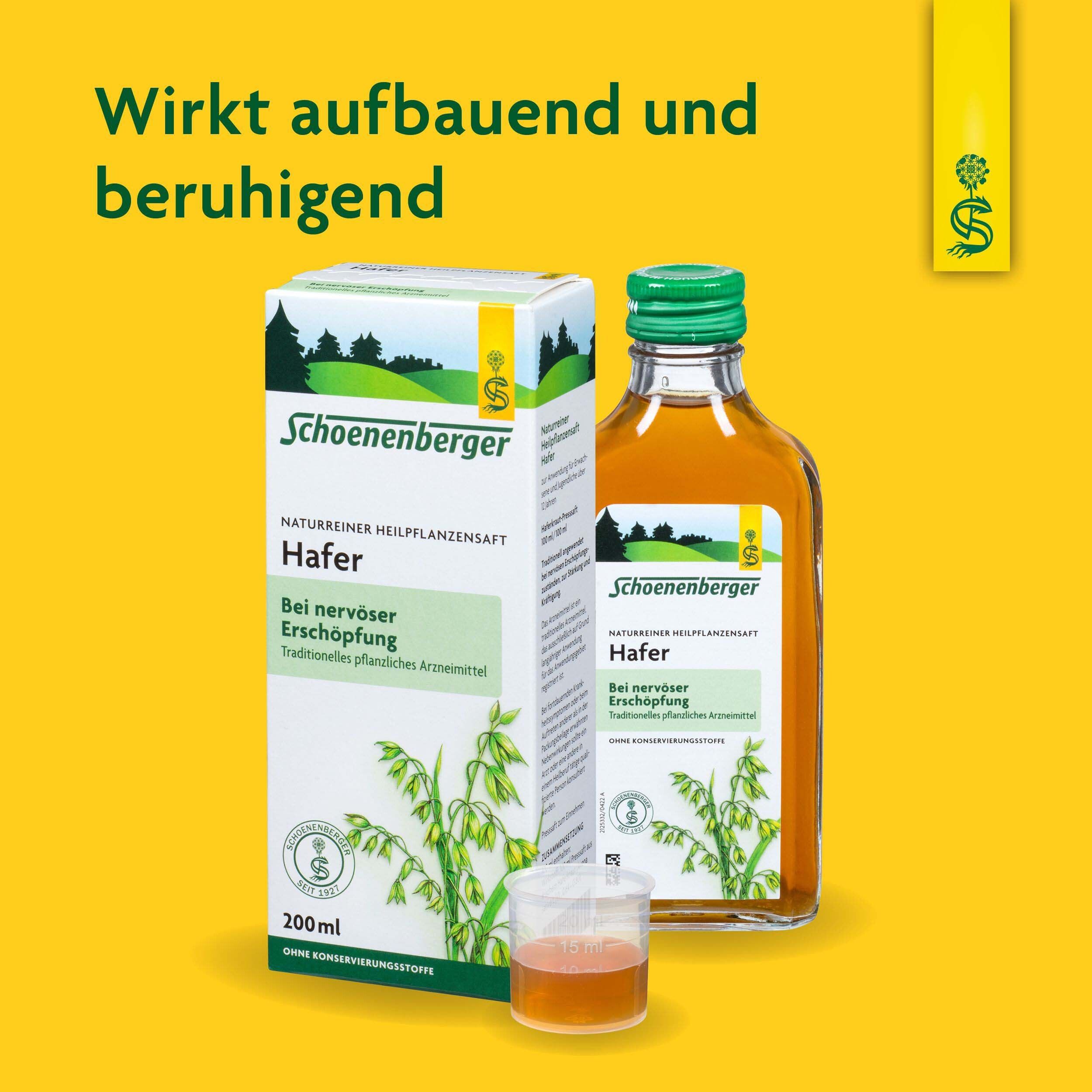 Flasche und Verpackung. Flasche mit grünem Deckel und Etikett. Messbecher. Produktname: Hafer.
