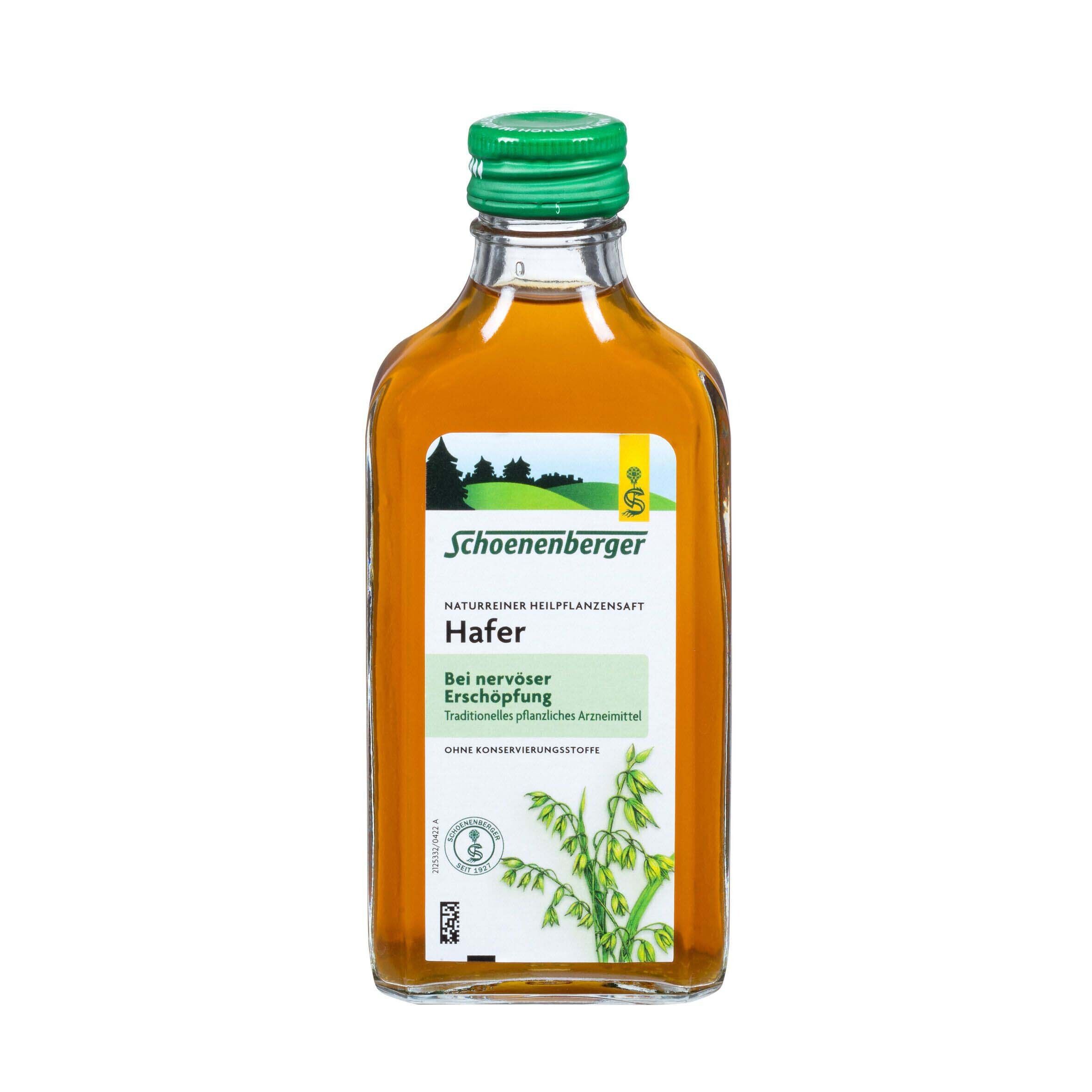Flasche mit grünem Deckel und Etikett. Produktname: Hafer. Ohne Konservierungsstoffe.