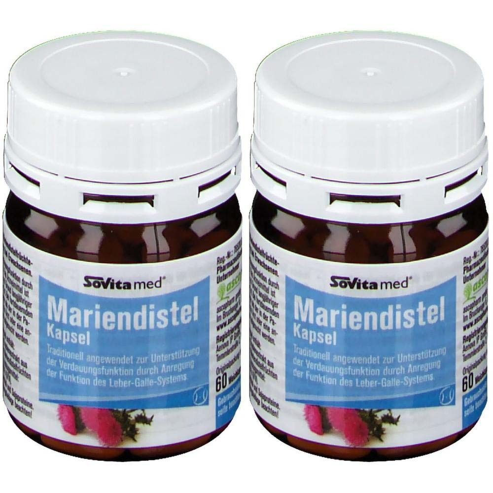 Zwei braune Flaschen mit weißen Deckeln. Auf den Etiketten steht "Mariendistel Kapsel" und "Sovita med". Jede Flasche enthält 60 Kapseln.