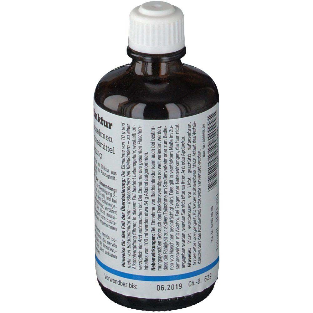 Braune Flasche mit weißem Verschluss. Etikett mit Text, darunter "Baldriantinktur".
