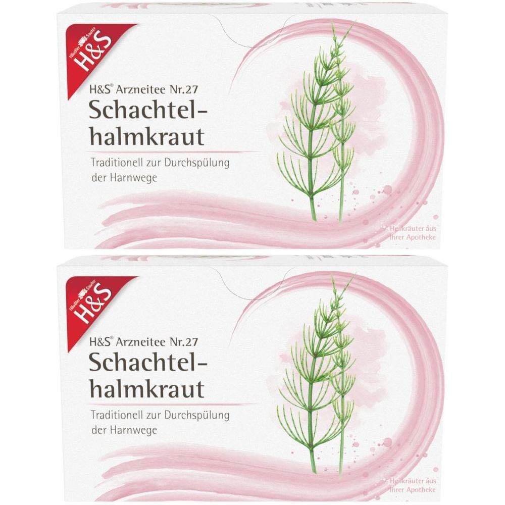 Zwei Packungen H&S Schachtelhalmkraut Nr. 27. Weiße Kartons mit Produktnamen und Illustrationen von Pflanzen.