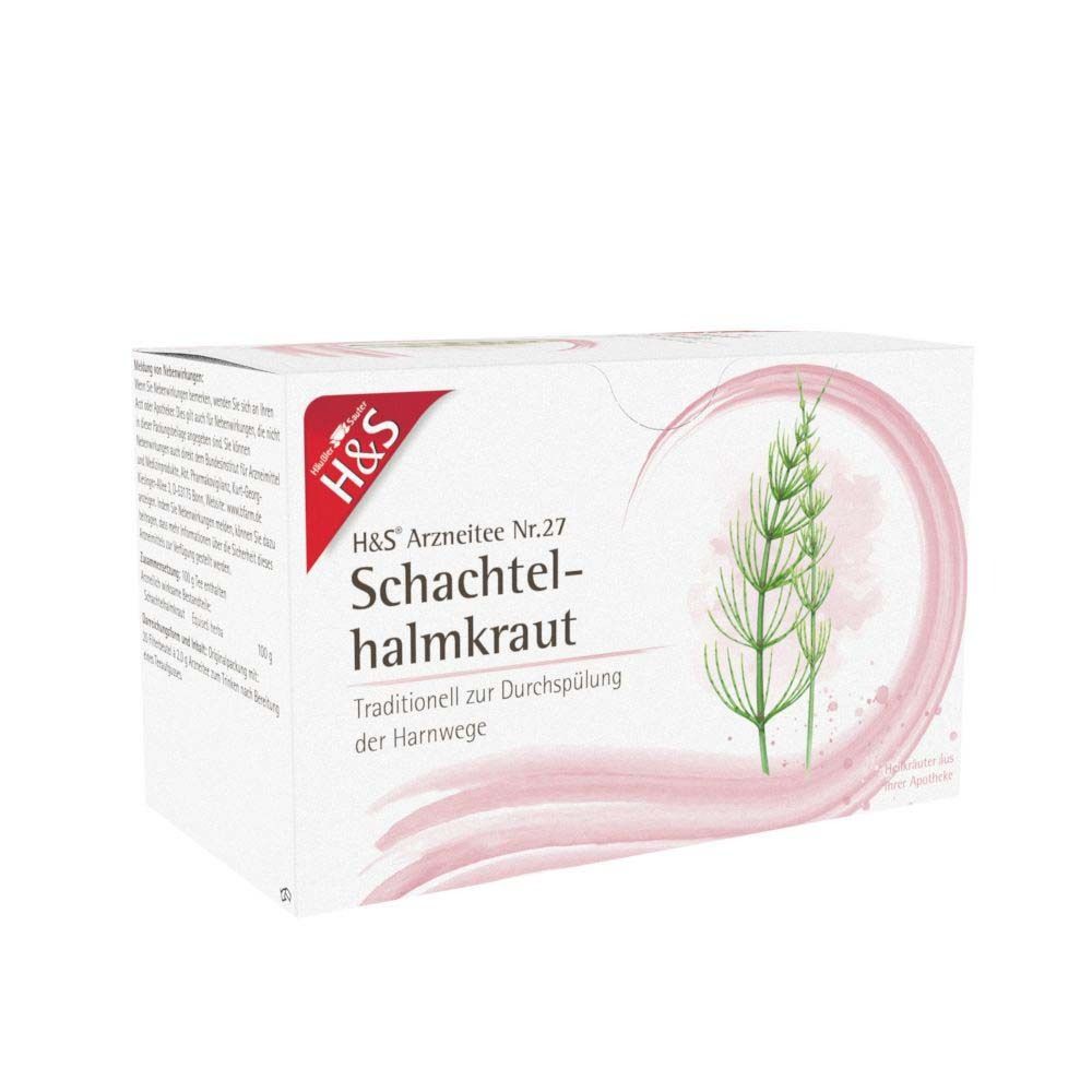 Packung H&S Schachtelhalmkraut Nr. 27. Weißer Karton mit Produktnamen und Pflanzenillustration.