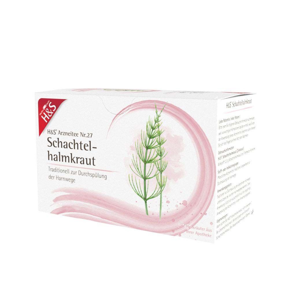 Packung H&S Schachtelhalmkraut Nr. 27. Weißer Karton mit Produktnamen und Pflanzenillustration.