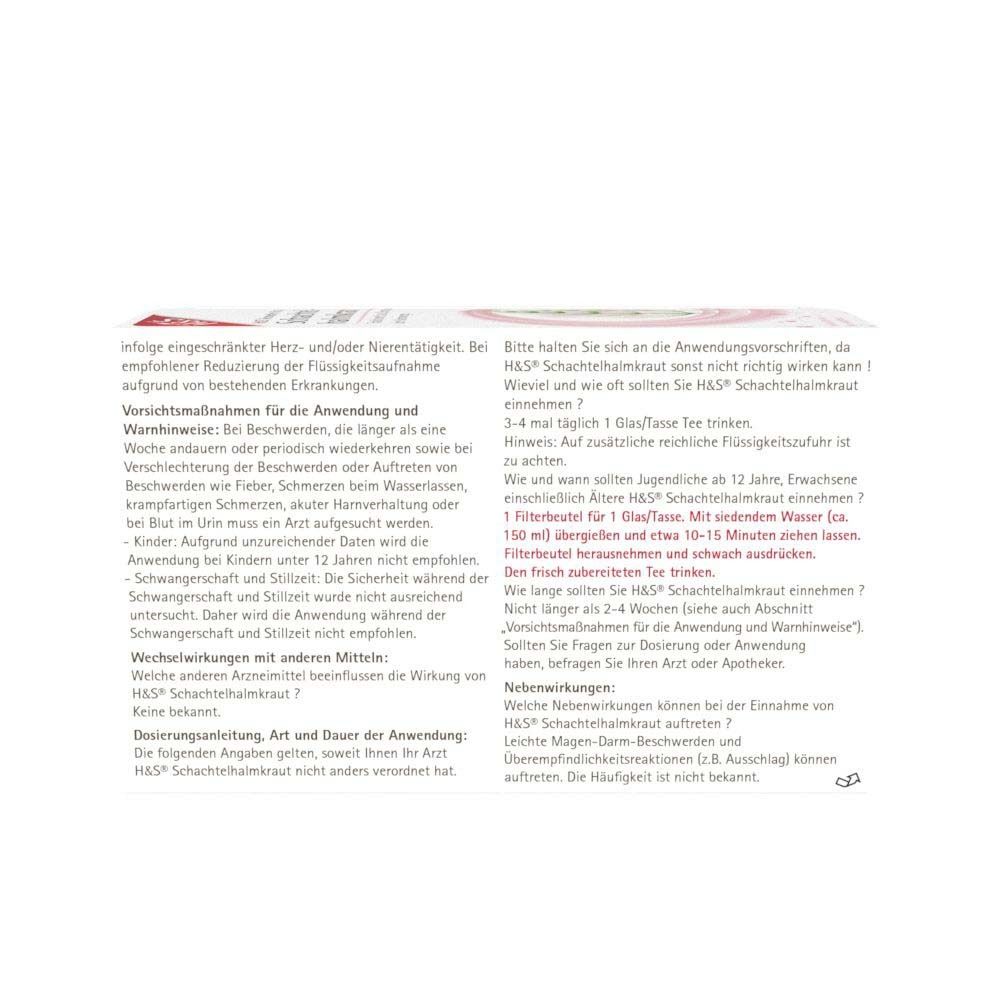 Text auf weißem Hintergrund. Informationen zu Anwendung, Warnhinweisen und Nebenwirkungen von H&S Schachtelhalmkraut.